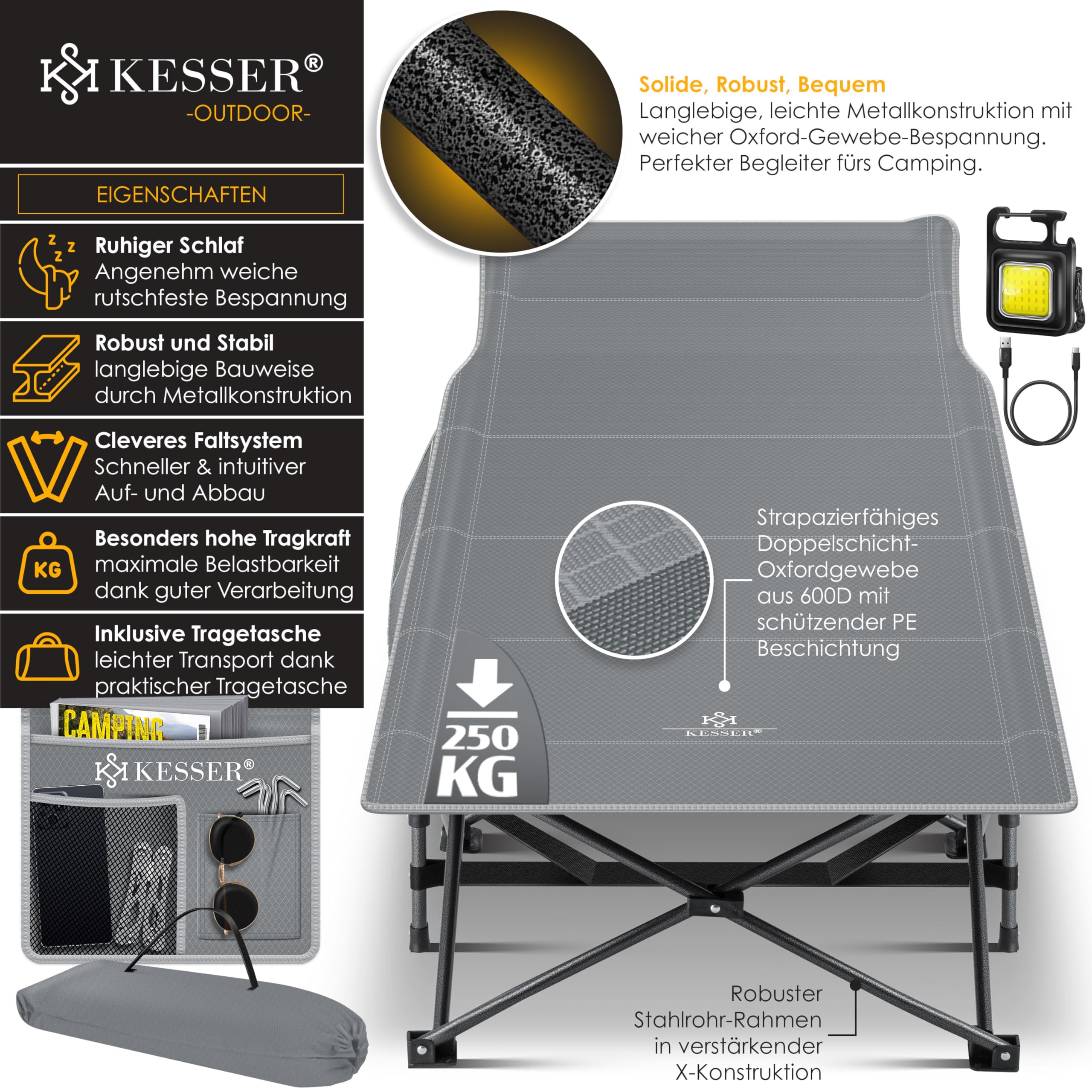 KESSER® Łóżko kempingowe, składane, w tym torba do przenoszenia + kieszeń boczna, stabilne łóżko polowe, 250 kg, metalowa rura, tkanina Oxford 600D, przenośne, podróżne, wygodne