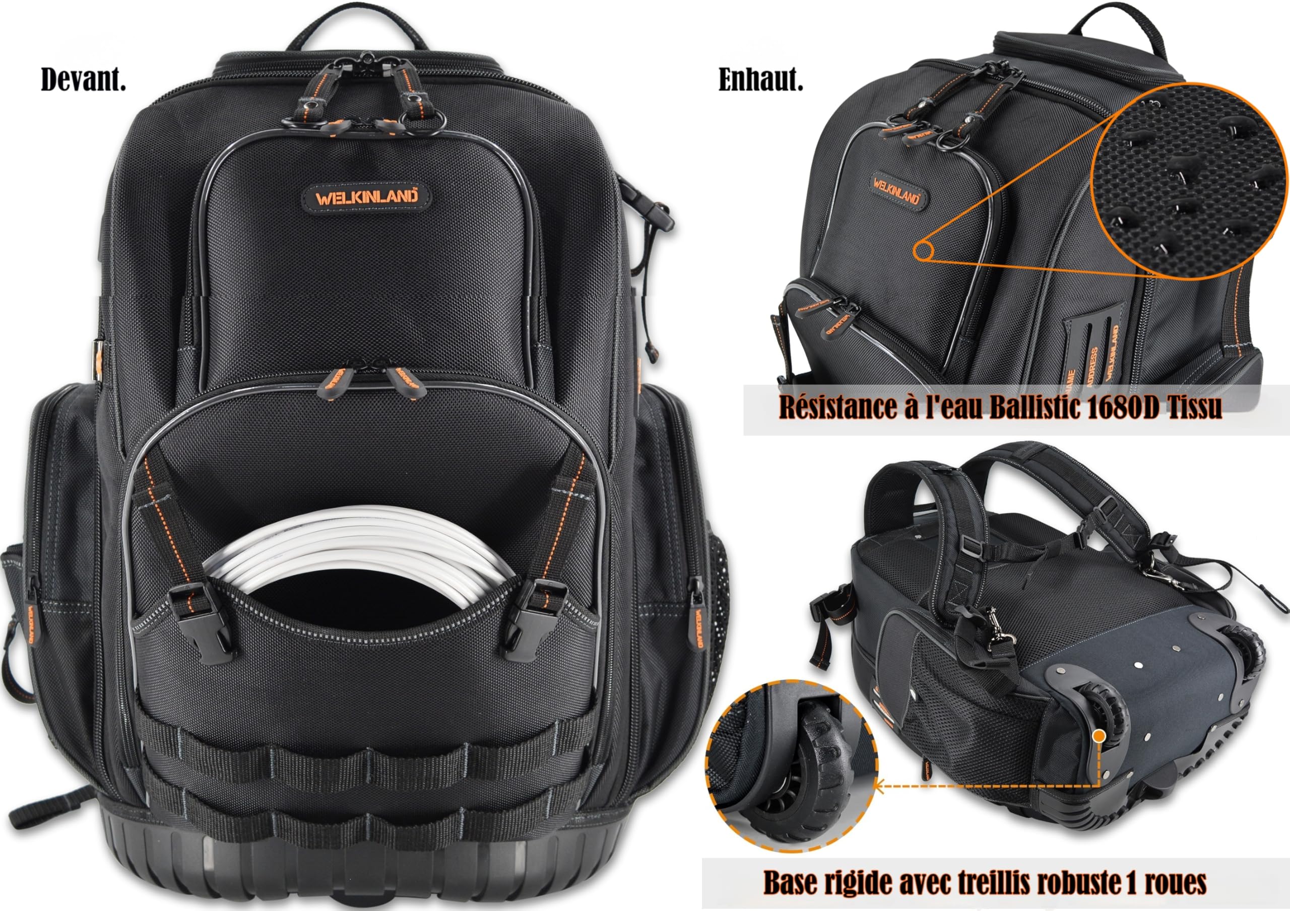 WELKINLAND Sac à dos à roulettes 72 poches, grand sac à outils avec roulettes, sac d'électricien roulant avec roues pour homme