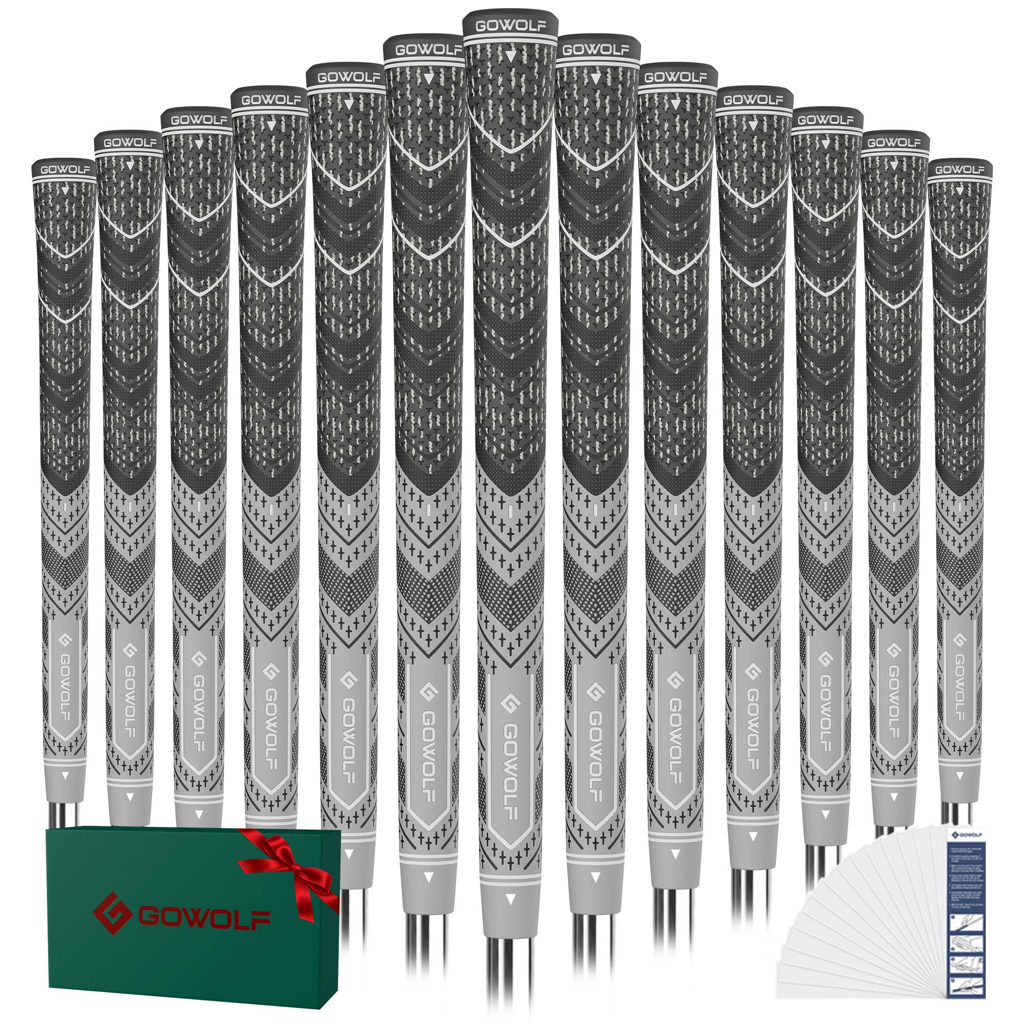 Gowolf Golf Grip 13 Pack Cord Rubber Multi-Compound Golf Driver Irons Club Grips with 15pcs Free Tapes (Gray,Midsize)