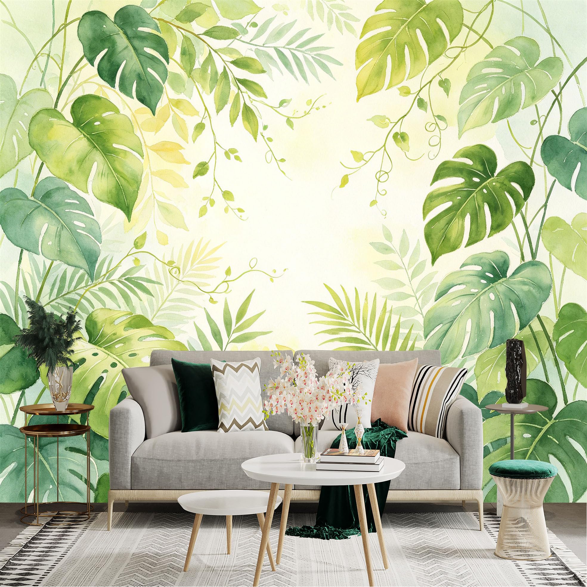 Lnzczhyre Dbh260521941 Custom Size Wall Sticker Mural， Watercolor Tropical Monstera Leaves， Lush Botanical Foliage， Nature Inspired Greenery， For Wall Decoration， Peelandstick Wall Decals.