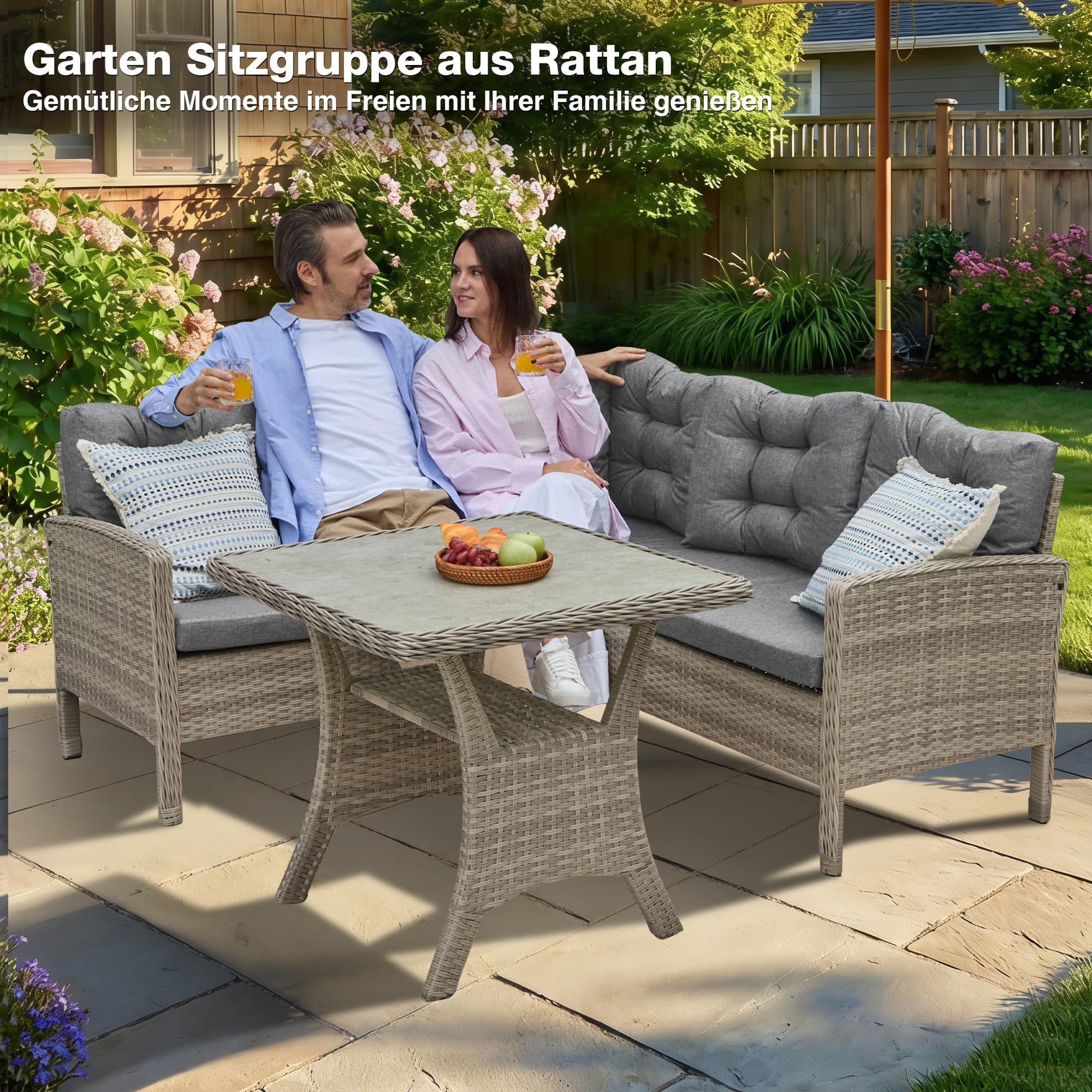 COMLAX FIELD Rattan Gartenmöbel Set, Gartenlounge mit Esstisch, Balkonmöbel Wetterfest, Sitzecke Outdoor, Dining Lounge Set für Garten Balkon, Grau