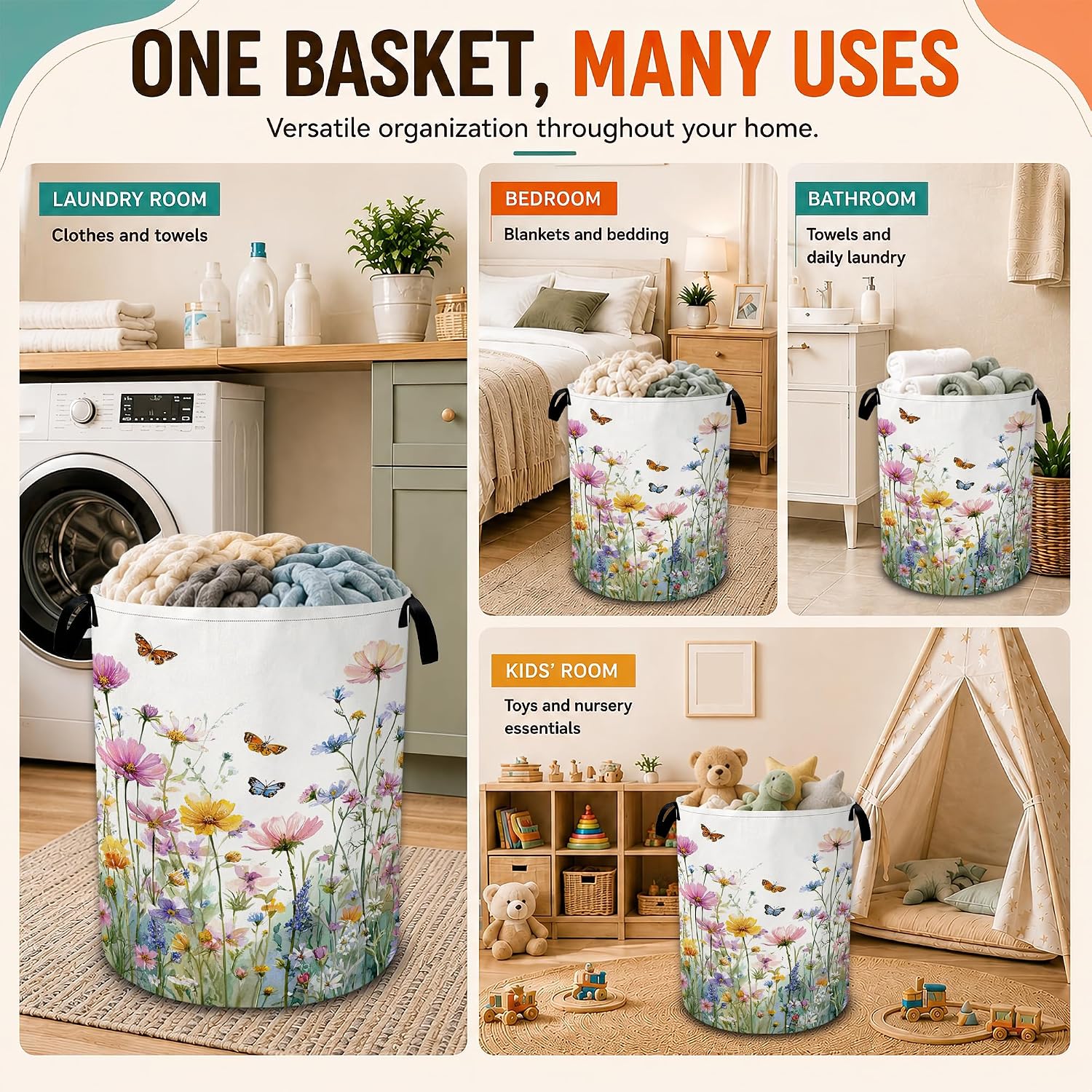 Wildflowers Laundry Basket,Butterfly Flowers Foldable Oxford Laundry Hamper with Handles,Portable Clothes Tote Bag Clothes Storage Bucket Organizer 20.8" x16" For Bathroom/Laundry Storage/Bedroom