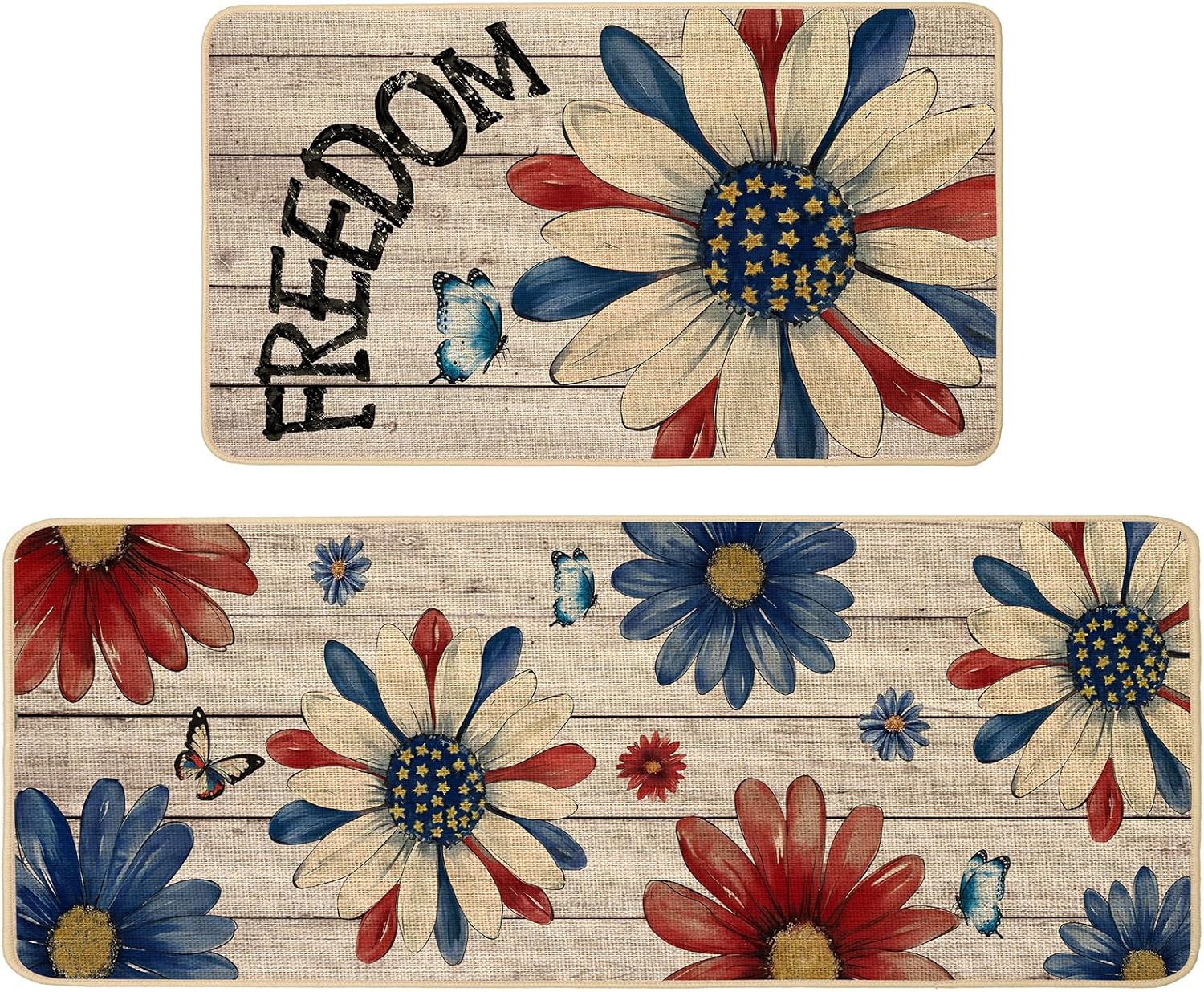 Baccessor Patriotic Kitchen Rugs Set of 2, Memorial Day 4th of July Independence Day Daisy Floral Kitchen Mats for Floor Low-Profile Holiday Home Decor 17x29 and 17x47 Inch