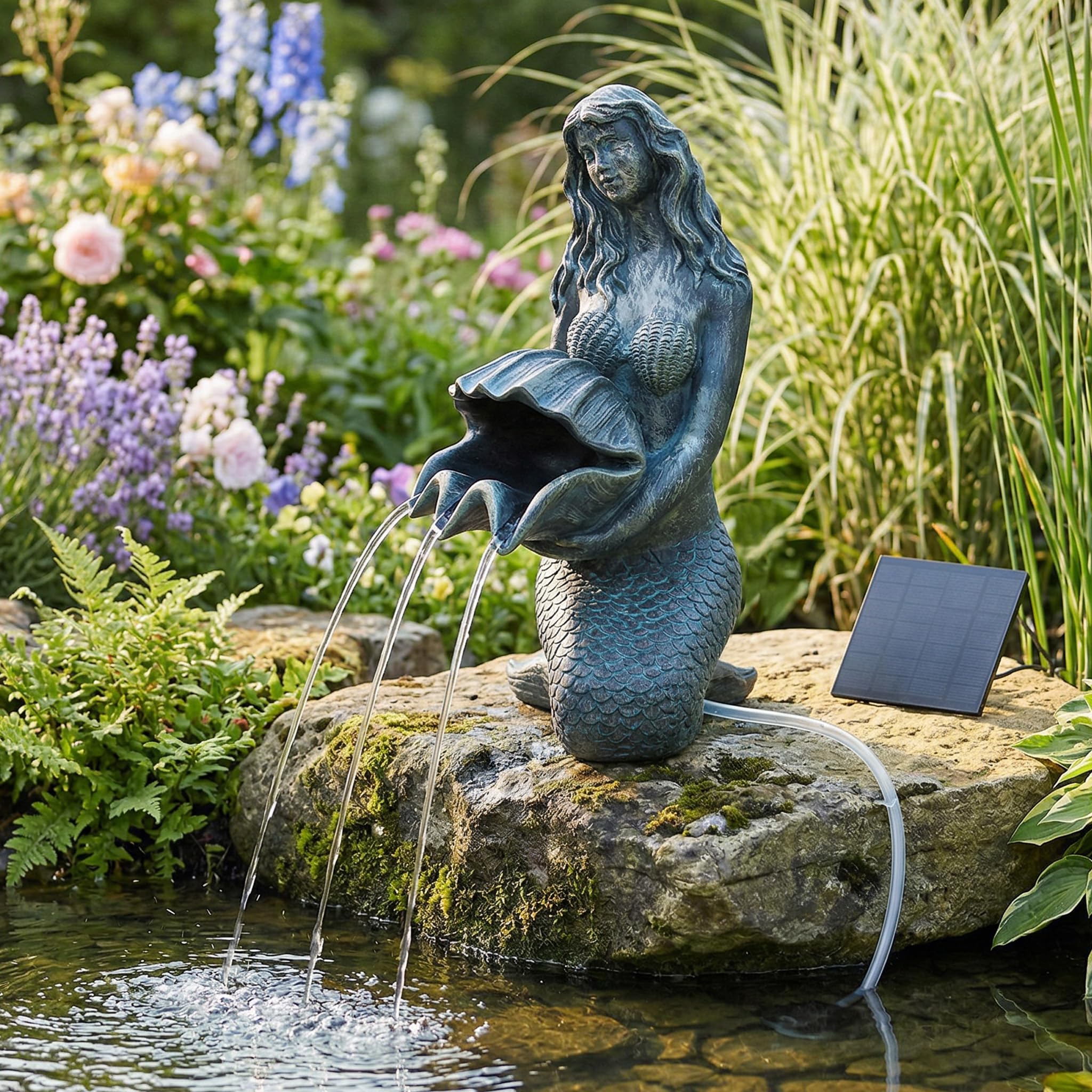 Garghilè solare con pompa – Statuetta di sirena con pompa solare e gioco d'acqua, decorazione da giardino in poliresina effetto bronzo, fontana solare per laghetto da giardino e corso d'acqua, 27 x 14