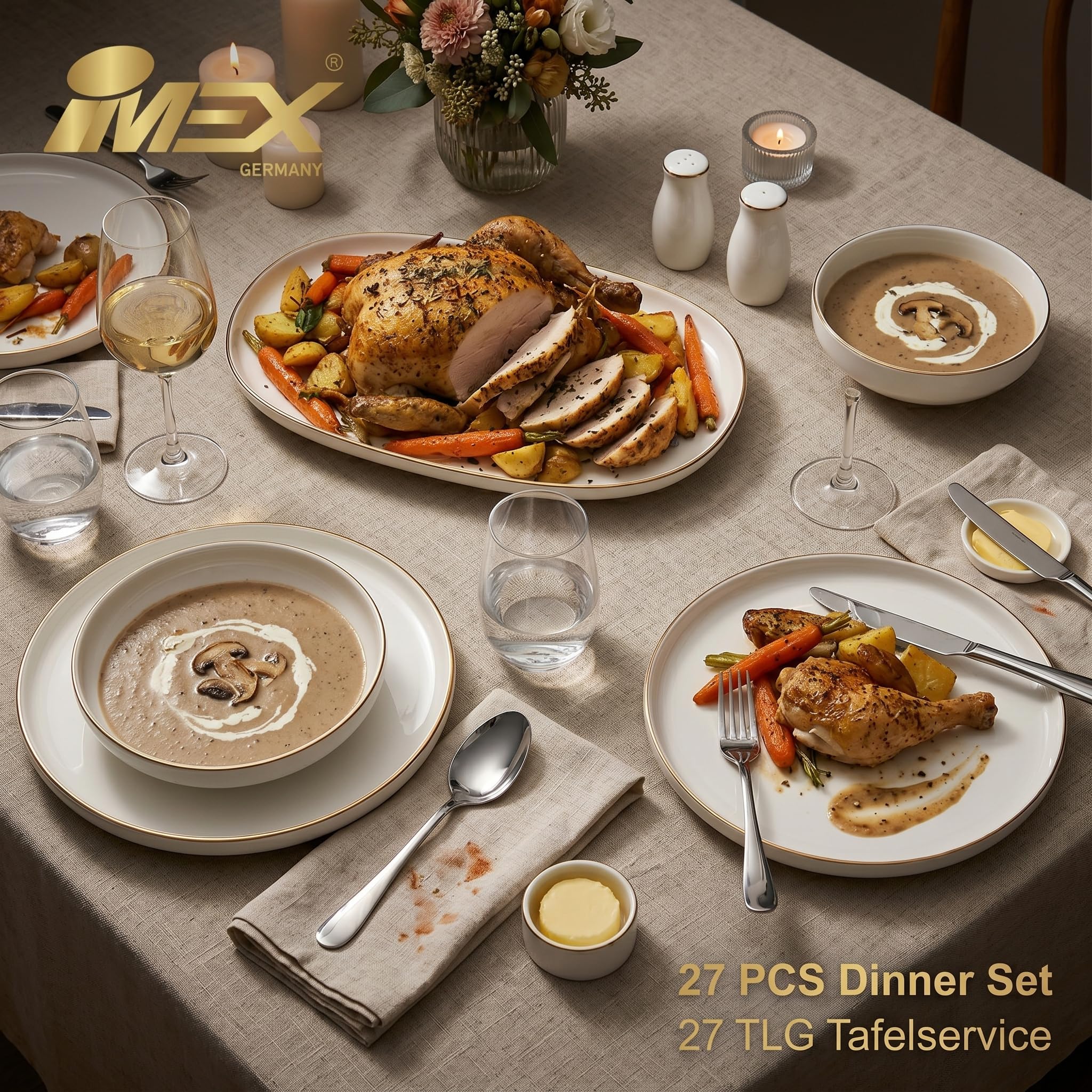 IMEX Germany 27-częściowy zestaw zastawy stołowej ze złotą krawędzią dla 6 osób | luksusowy zestaw naczyń porcelanowych w kolorze białym i złotym | elegancki serwis kombi z półmiskiem do serwowania i