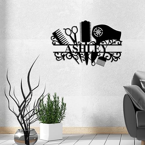 Miniatura 4 de Letrero de metal personalizado con nombre de estilista de peluquería, letrero de nombre comercial personalizado para estilista, arte de pared de