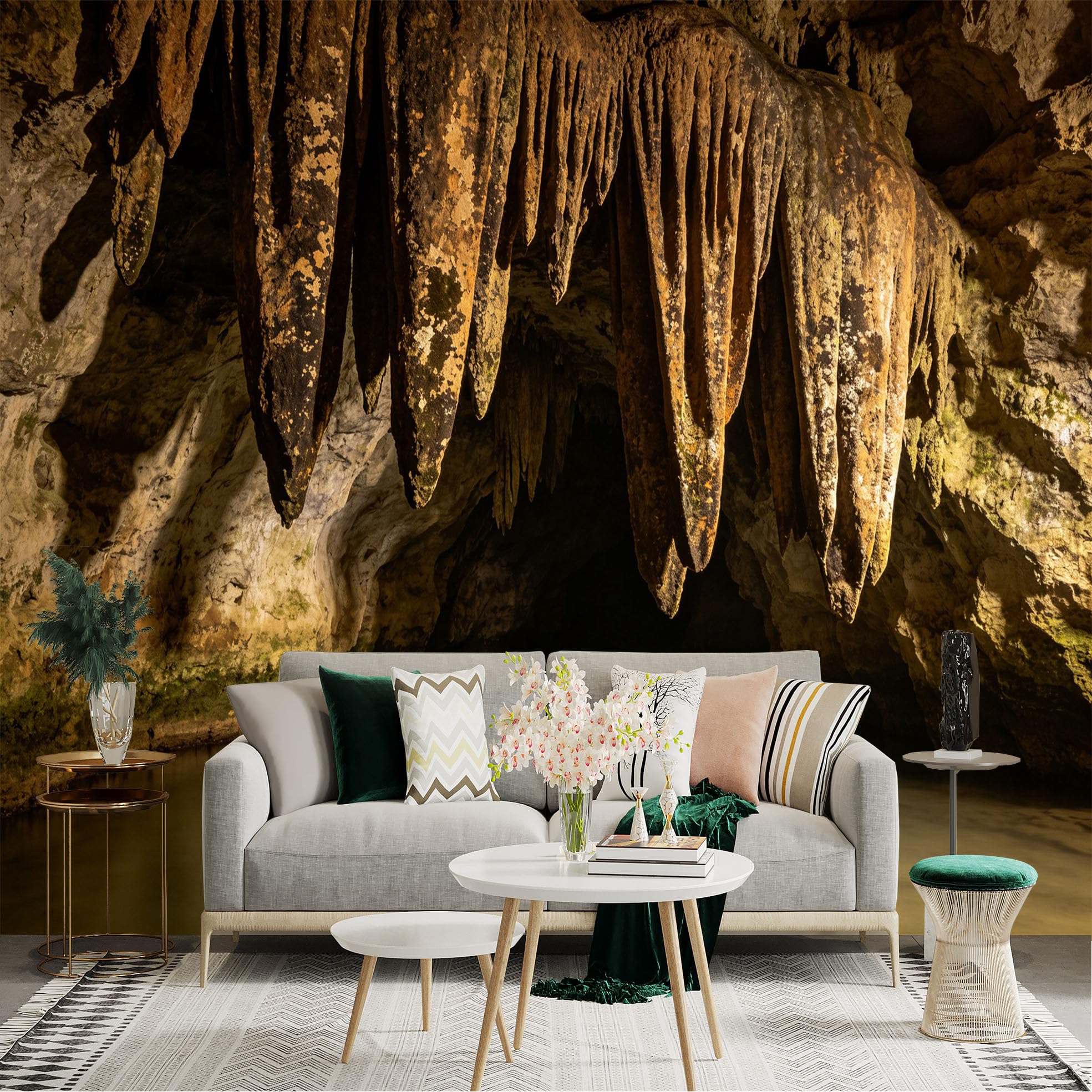 Lnzczhyre Dbh260521107 Custom Size Wall Sticker Mural， Natural Underground Cave， Stalactites Formation， Mysterious Limestone Grotto， Quiet Water Surface， For Wall Decoration， Peelandstick Wall Decals.