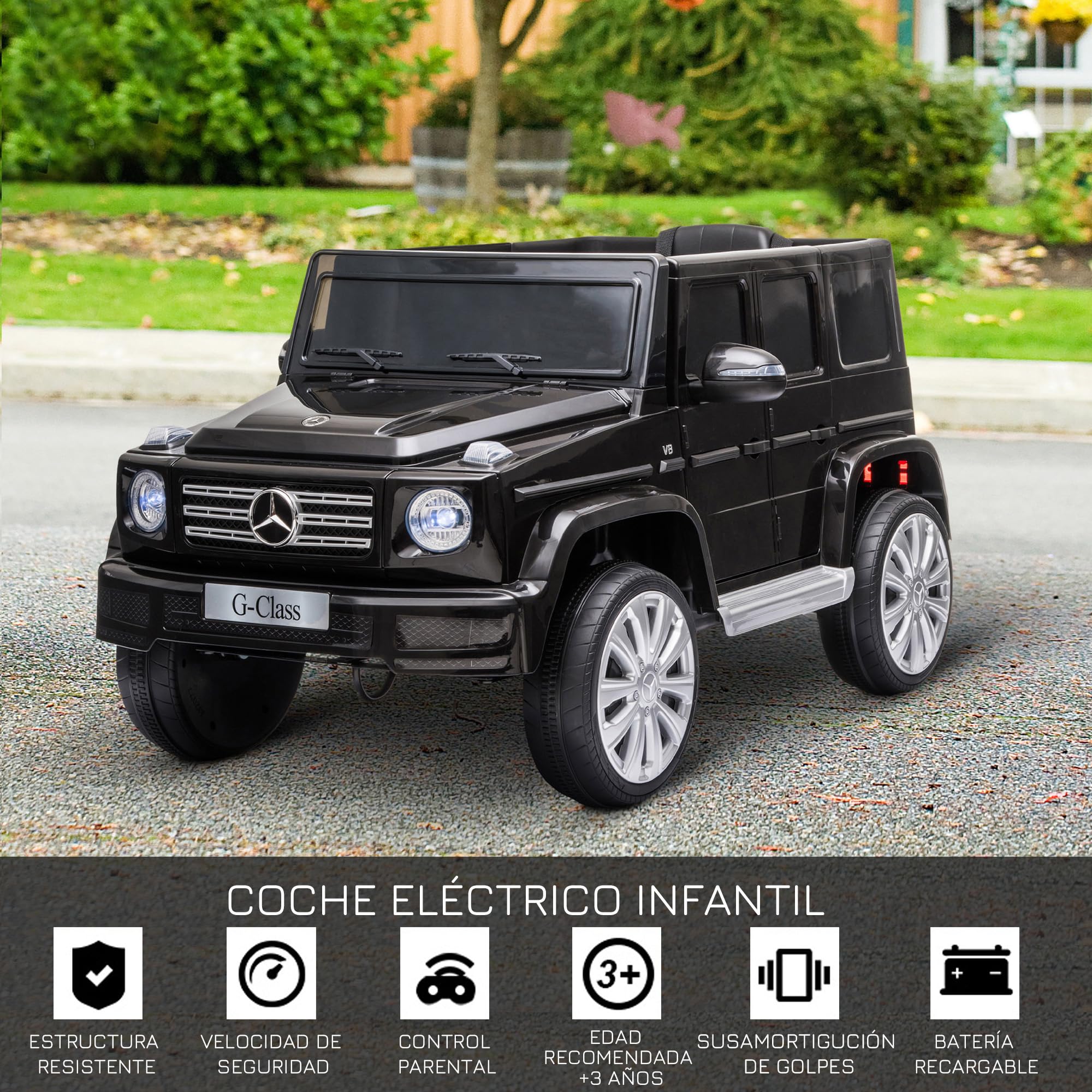 HOMCOM Coche Eléctrico para Niños de +3 Años Benz G500 Todoterreno de Batería 12 V Vehículo Eléctrico con Control Remoto Música Bocina Velocidad 3-5 km/h Carga 30 kg Negro