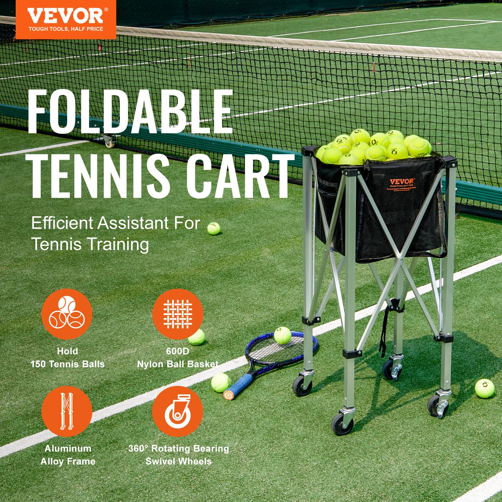 VEVOR Panier à Balle de Tennis Pliable 150 balles Chariot Alliage d'aluminium