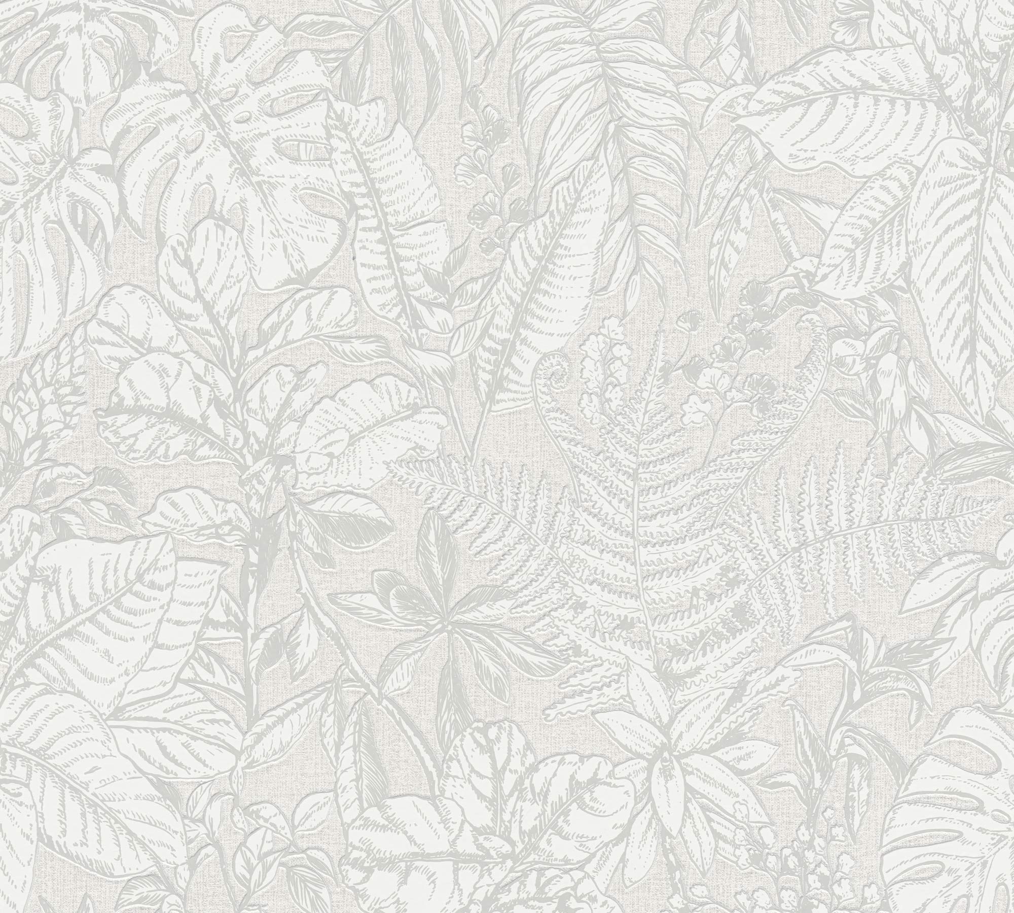 A.S. Création Papel Pintado Tropical Papel pintado tejido no tejido 10.05 m x 0.53 m Gris Blanco Fabricado en Alemania 375201 37520-1