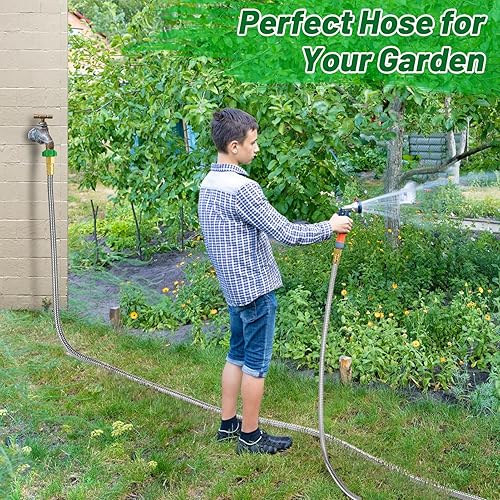 Miniatura 6 de Manguera de jardín con conector macho a hembra, manguera líder de metal a prueba de fugas de 15 pies para carrete de manguera, manguera flexible de