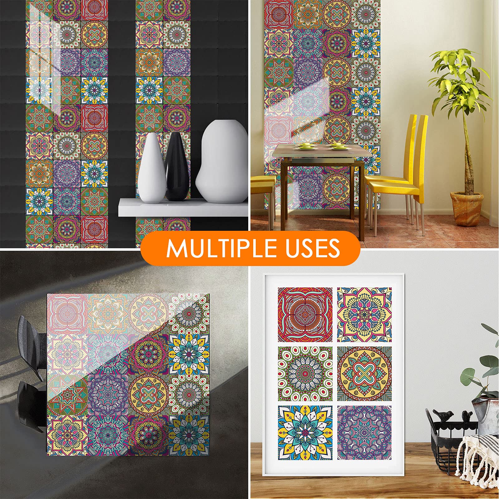 Adesivo per Mattonelle Cucina in PVC, 20 Pezzi Impermeabile Adesivi in PVC Decorazioni Piastrelle Stickers Design Adesivi Murali in Vinile per Bagno e Cucina con Modello Etnico Colorato (20 * 20cm
