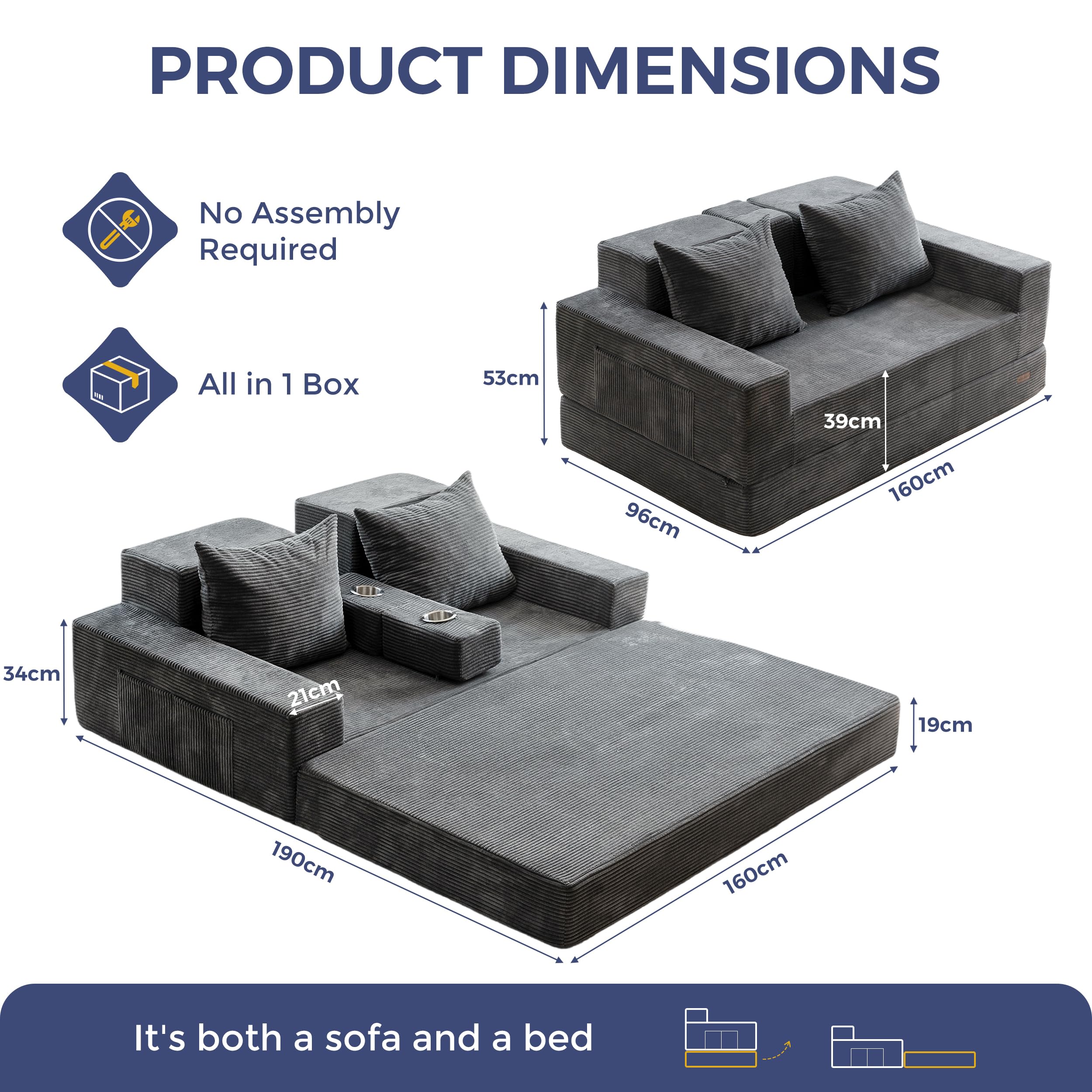 MAXYOYO Divano Letto Pieghevole, Sofa da Pavimento in Velluto a Coste, Divano Funzionale Trasformabile con Portabicchieri e Cuscino, Sofa a Compressione per Soggiorno, Camera da Letto e degli Ospiti