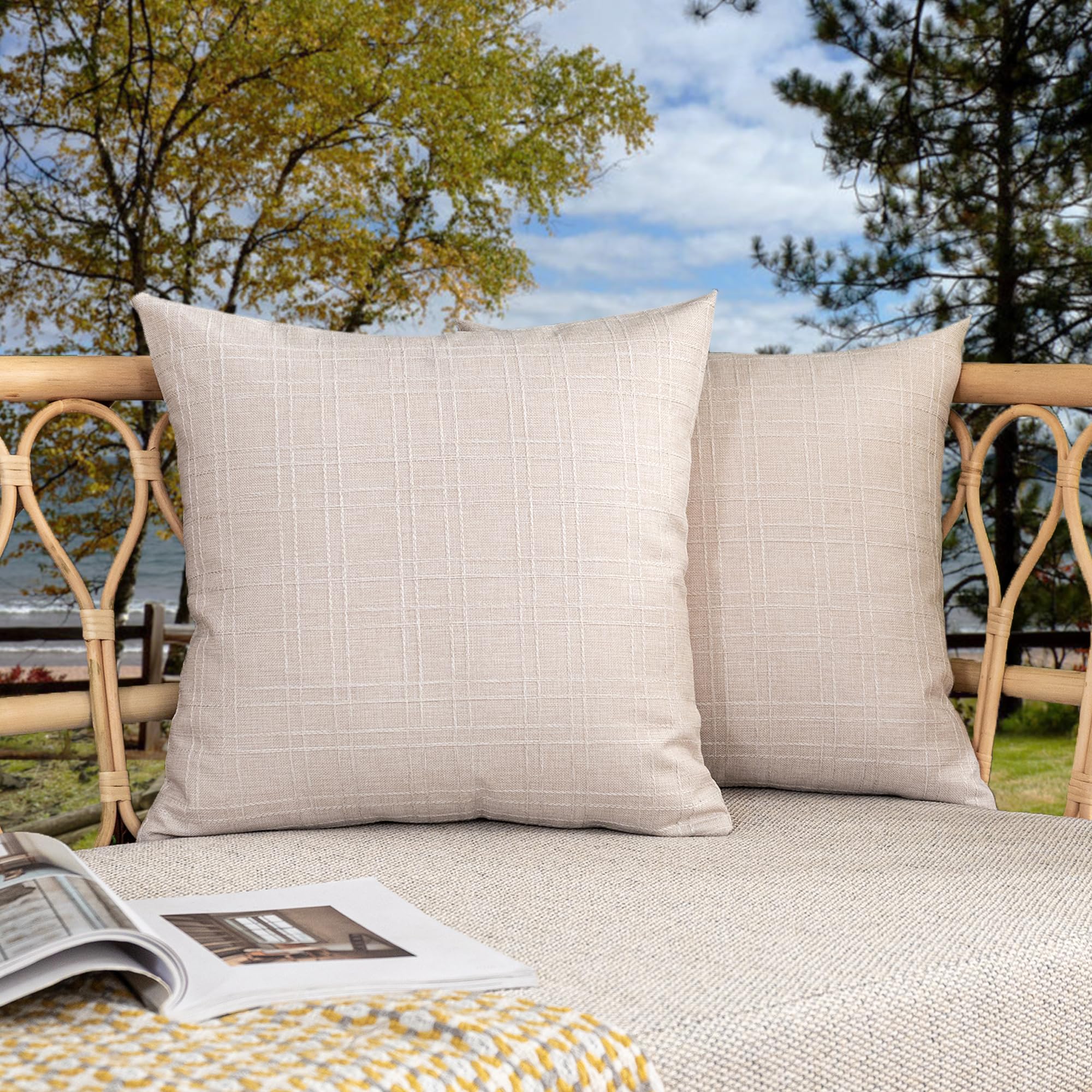 Kevin Textile Pack of 2 Outdoor Waterproof Throw Pillow Covers Decorative Farmhouse Checkered Square Solid Cushion Cases for Patio Garden Porch Sofa