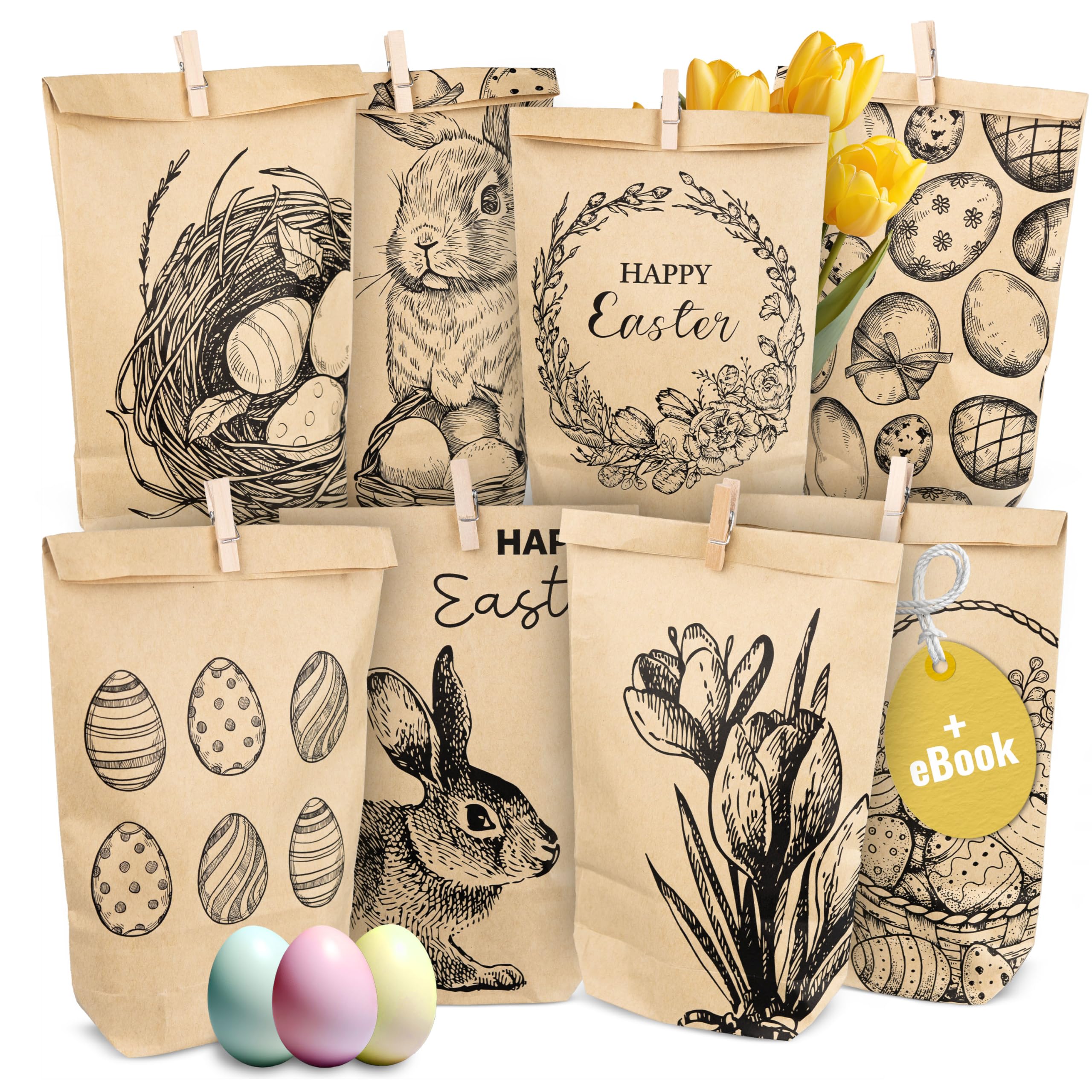 AMARI ® Ostertüten Set (12 Stück inklusive Klammern) - Geschenktüten für Ostern aus Papier - Ostern Papiertüten - Ostertüten zum Befüllen