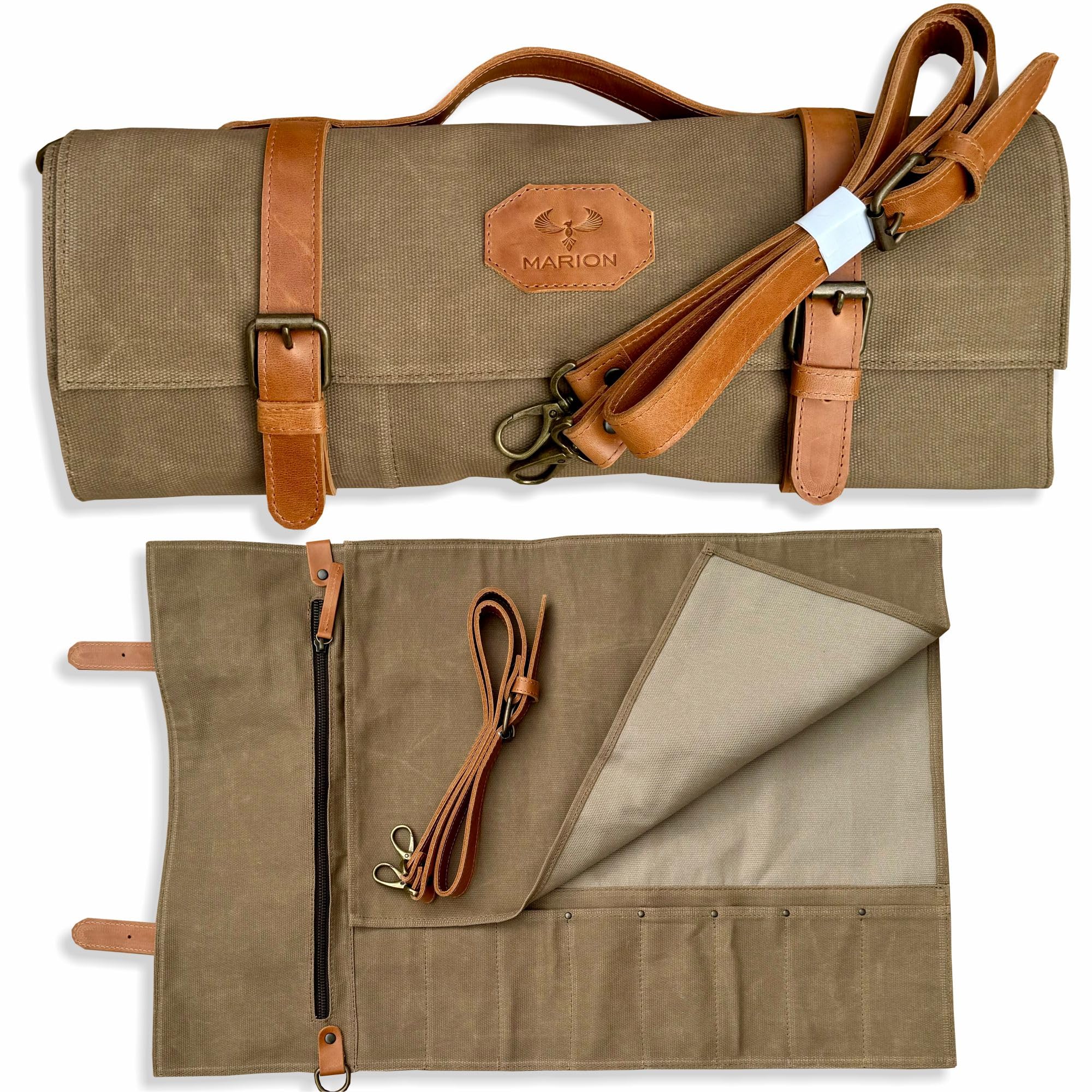 Le Voyageur Sand by Marion - Waxed Canvas with Genuine Calf Top Grain Leather - Handmade Professional Chef Knife Storage Roll Bag - 8 Pockets and Zippered Pocket, Sand