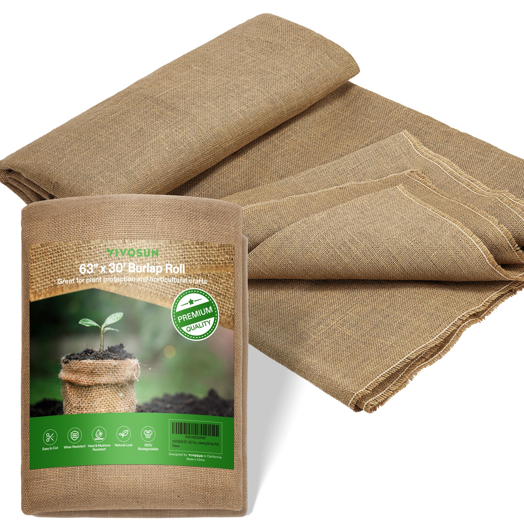 VIVOSUN 63 in x 30 ft Premium Burlap Fabric, 10 oz Heavy Duty High Density Natural Jute Fiber, Multipurpose Burlap for Gardening, Outdoor Plant Care, Weed Barrier, DIY Crafts, and Decoration