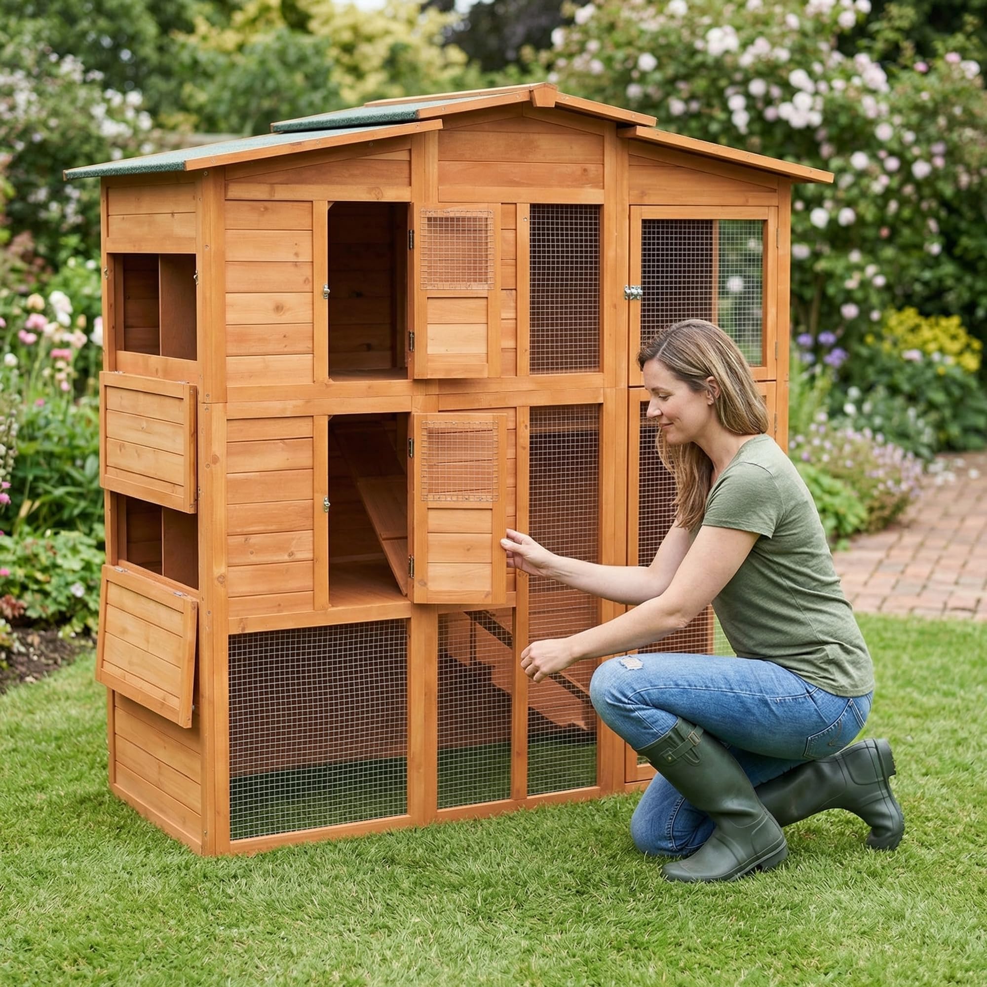 Mucola Hasenstall mit Freilaufgehege 171x80x166 cm Kleintiergehege Holz inklusive 2 Rampen Kleintierhaus Hühnerstall 2 Nestboxen (4 Nistplätze) Hühnervoliere