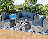 Shintenchi 5-Piece Modular Outdoor Patio Conversation Set, Gray PE Wicker Sectional Sofa with Aegean Blue Washable Cushions & Glass Table