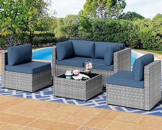 Shintenchi 5 Pieces Outdoor Patio Furniture Sets, Patio Sectional Sofa Couch, Gray PE Wicker Furniture Modular Patio Conversation Sets Patio Sofa with Washable Cushions & Table（Aegean Blue）