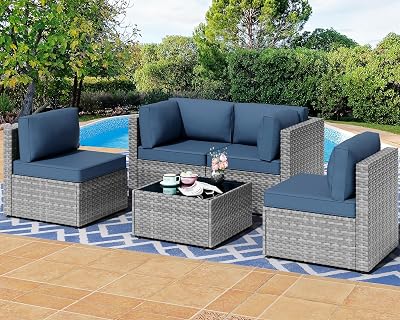 Shintenchi 5 Pieces Outdoor Patio Furniture Sets, Patio Sectional Sofa Couch, Gray PE Wicker Furniture Modular Patio Conversation Sets Patio Sofa with Washable Cushions & Table（Aegean Blue）