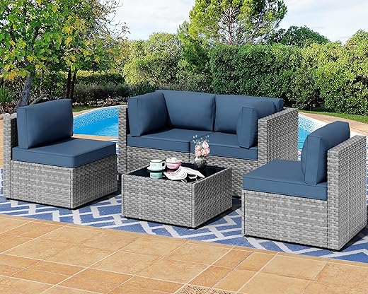 Shintenchi 5 Pieces Outdoor Patio Furniture Sets, Patio Sectional Sofa Couch, Gray PE Wicker Furniture Modular Patio Conversation Sets Patio...