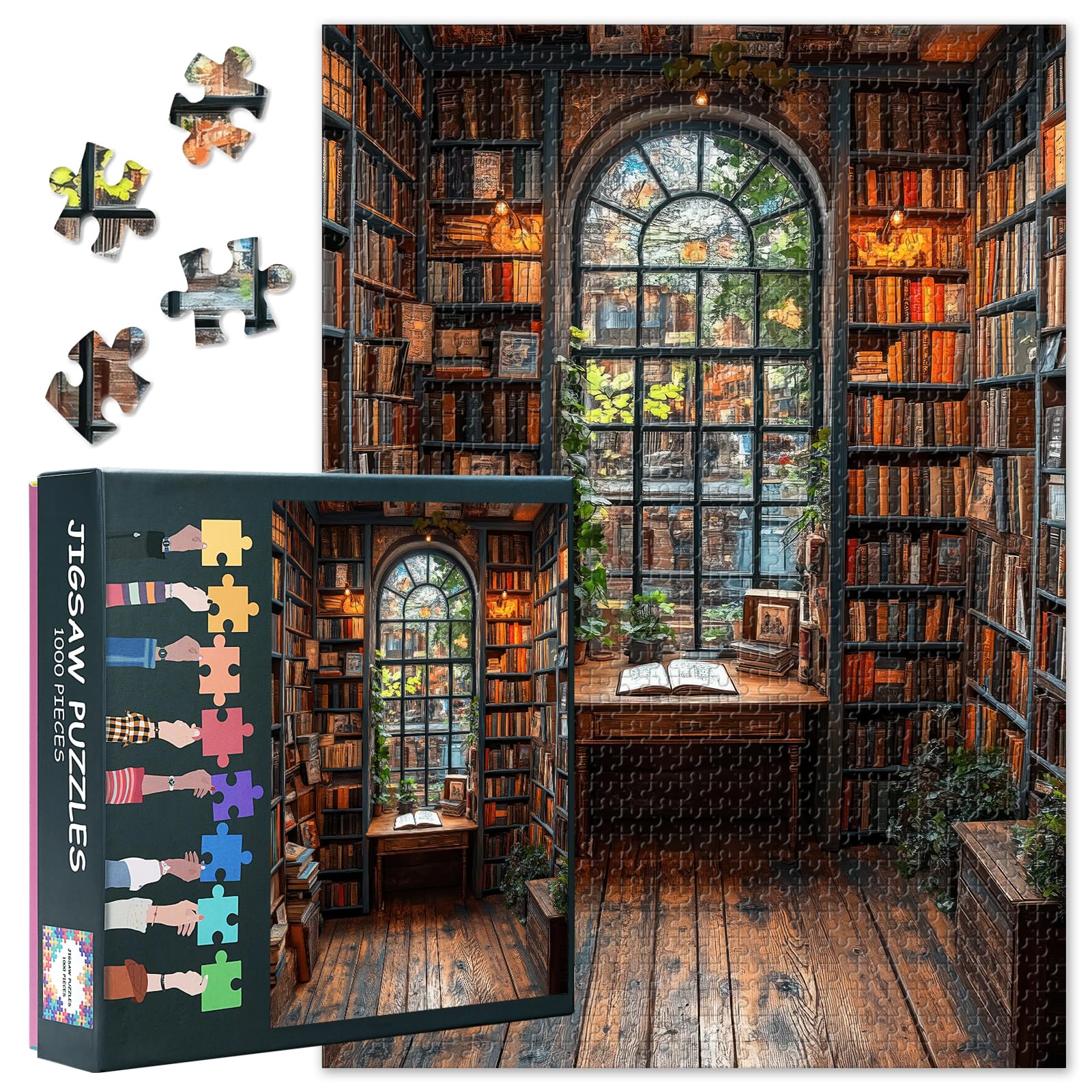 1000 Piece Jigsaw Puzzle for Adults -Cozy Book-Filled Room, Arched Window,50x70cm Intricate Details Mindful Evening Activity, Artwork Puzzles