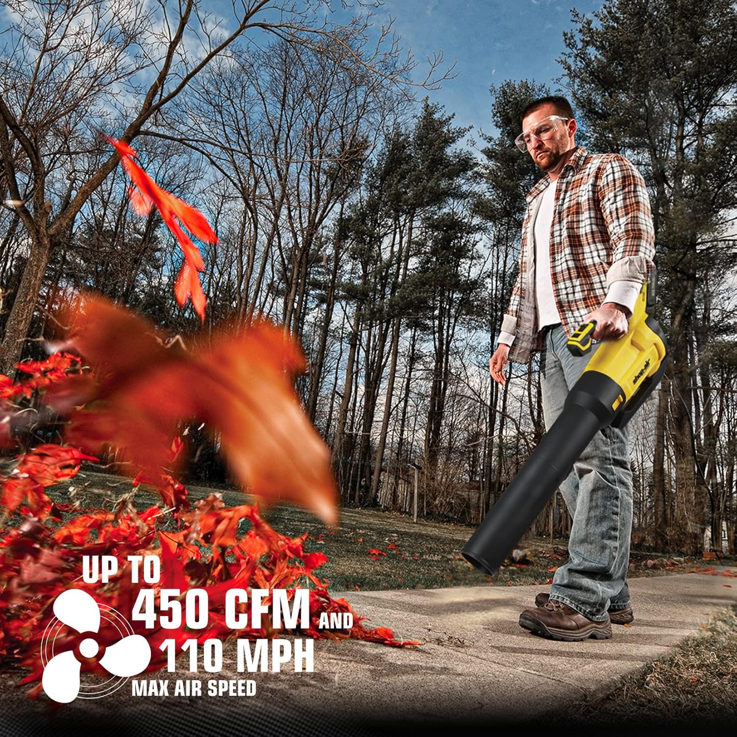 20V Cordless Leaf Blower, 450CFM/110MPH Brushless Blower with Variable Speed, Lightweight for Lawn Care Snow Blowing Yard Cleaning, 4.0Ah Battery (Quick Charger Included)