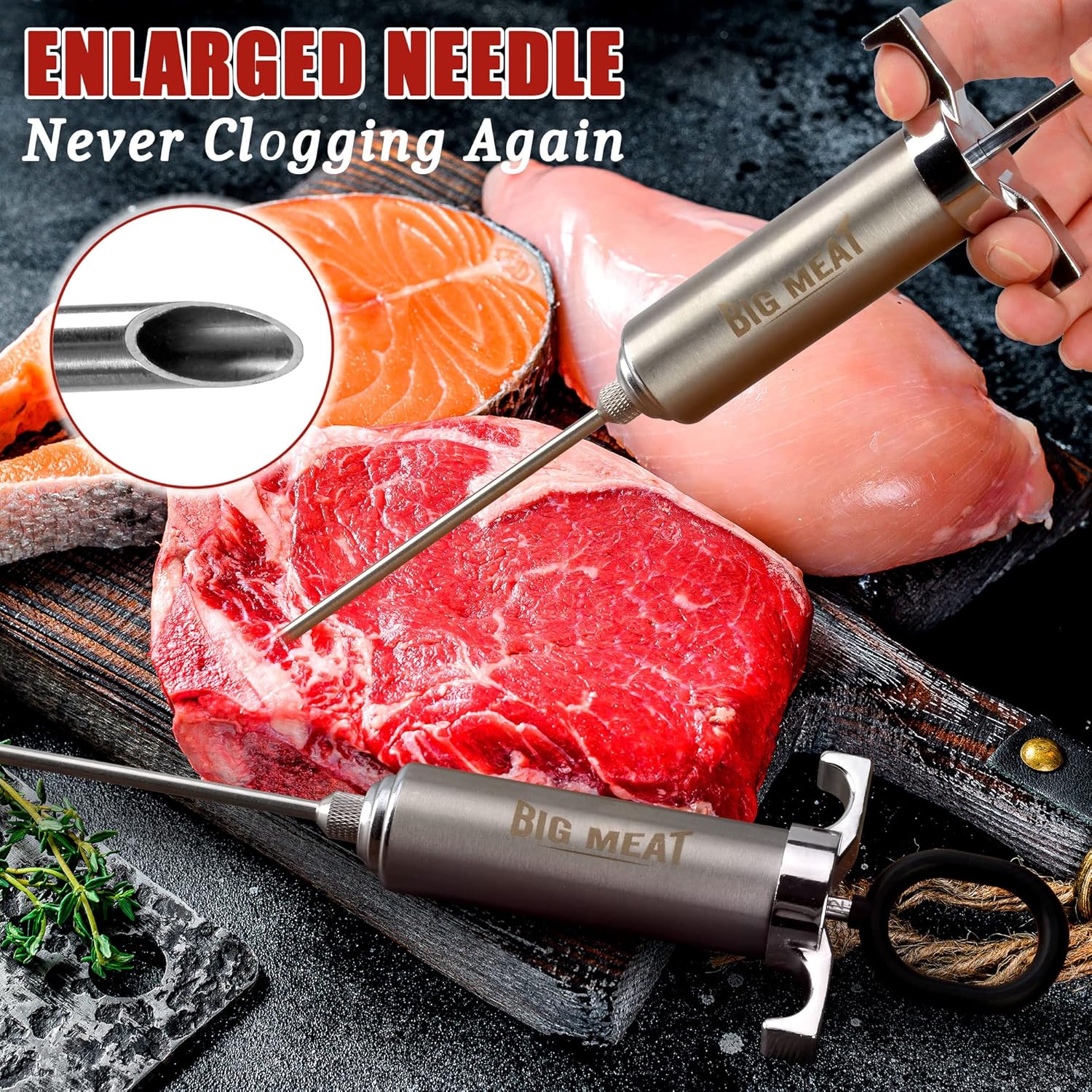 review Big Meat Injectors For Smoking - Stainless Steel Meat Injector Syringe Starter Kit, 2oz Marinade Injector Gift Set with 3 Needles, Food Thermometer & Basting Brush - Food Injector