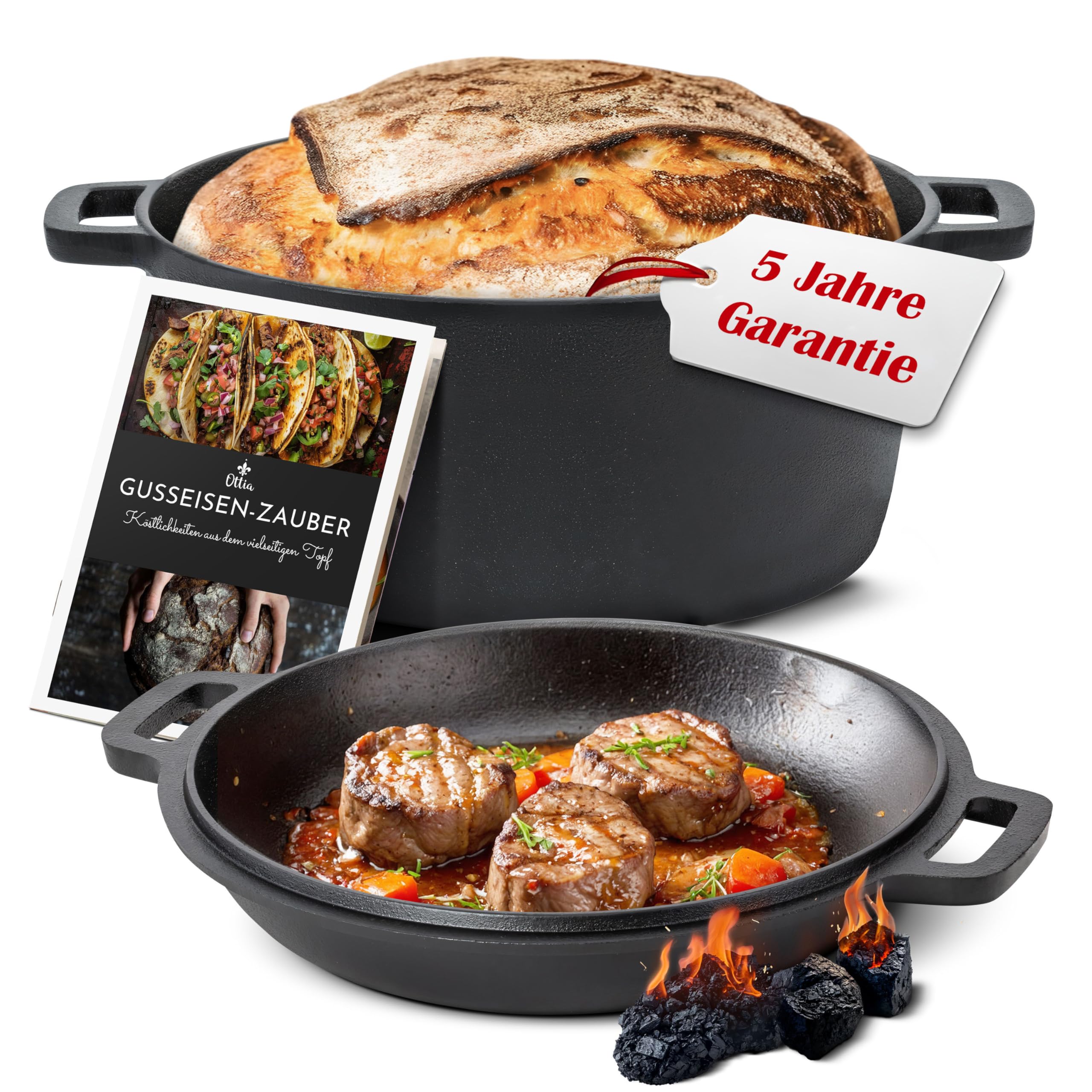 Ottia reiner Gusseisen Topf, 26cm, als Brotbackform, Brotbacktopf, Dutch Oven, Brotbackform, Schmortopf, Bräter, Bratentopf, zum Brot backen, Cast Iron pot, Cocotte, aus dem Fachhandel, aus Hamburg