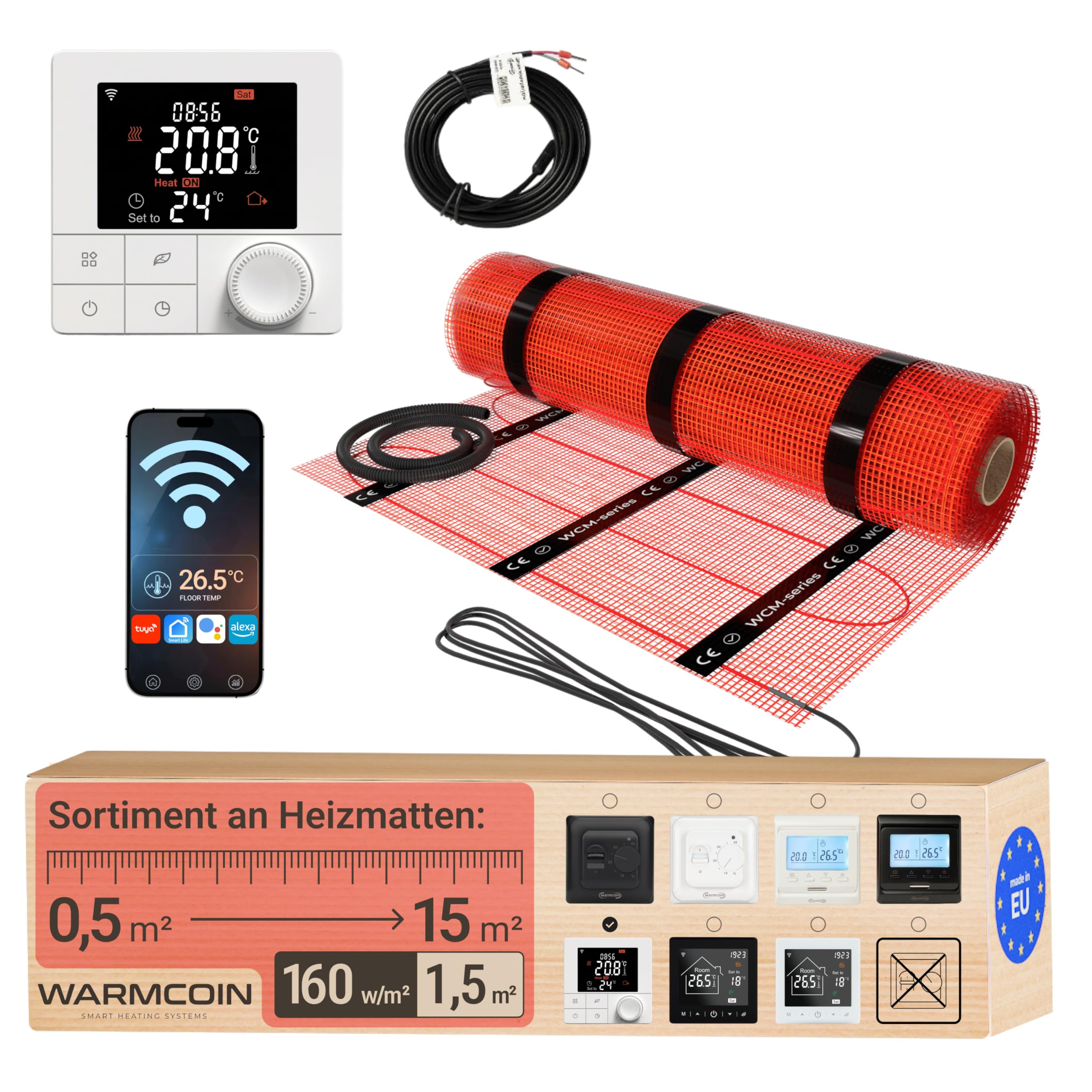 Elektrische Fußbodenheizung Paket 160 W/m² – Fliesen, Laminat & Vinyl – 1,5 m² – W40 WLAN-Thermostat mit komfortabler Temperatursteuerung – Smart Home
