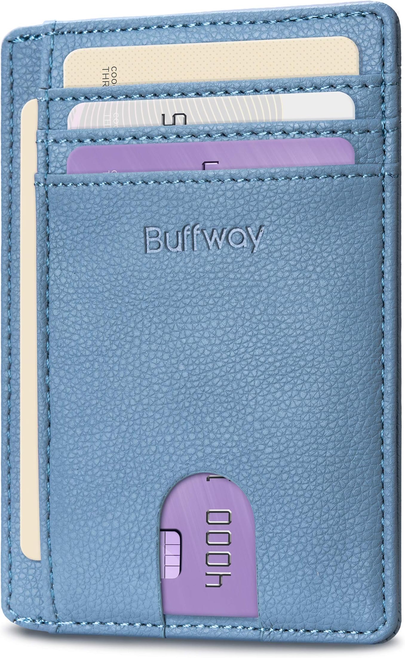 Slim Minimalist Front Pocket RFID Blocking Leather Wallets for Men and Women - Lichee Blue Grey