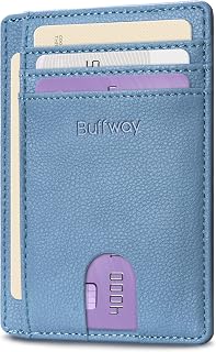 Buffway Slim Minimalist Front Pocket RFID Blocking Leather Wallets for Men and Women - Lichee Blue Grey