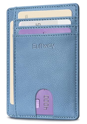 Buffway Slim Minimalist Front Pocket RFID Blocking Leather Wallets for Men and Women - Lichee Blue Grey