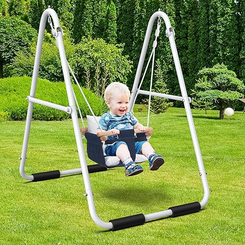 Hapfan Columpio para niños pequeños con soporte, columpio resistente para interiores y exteriores con arnés de seguridad, marco de metal plegable,