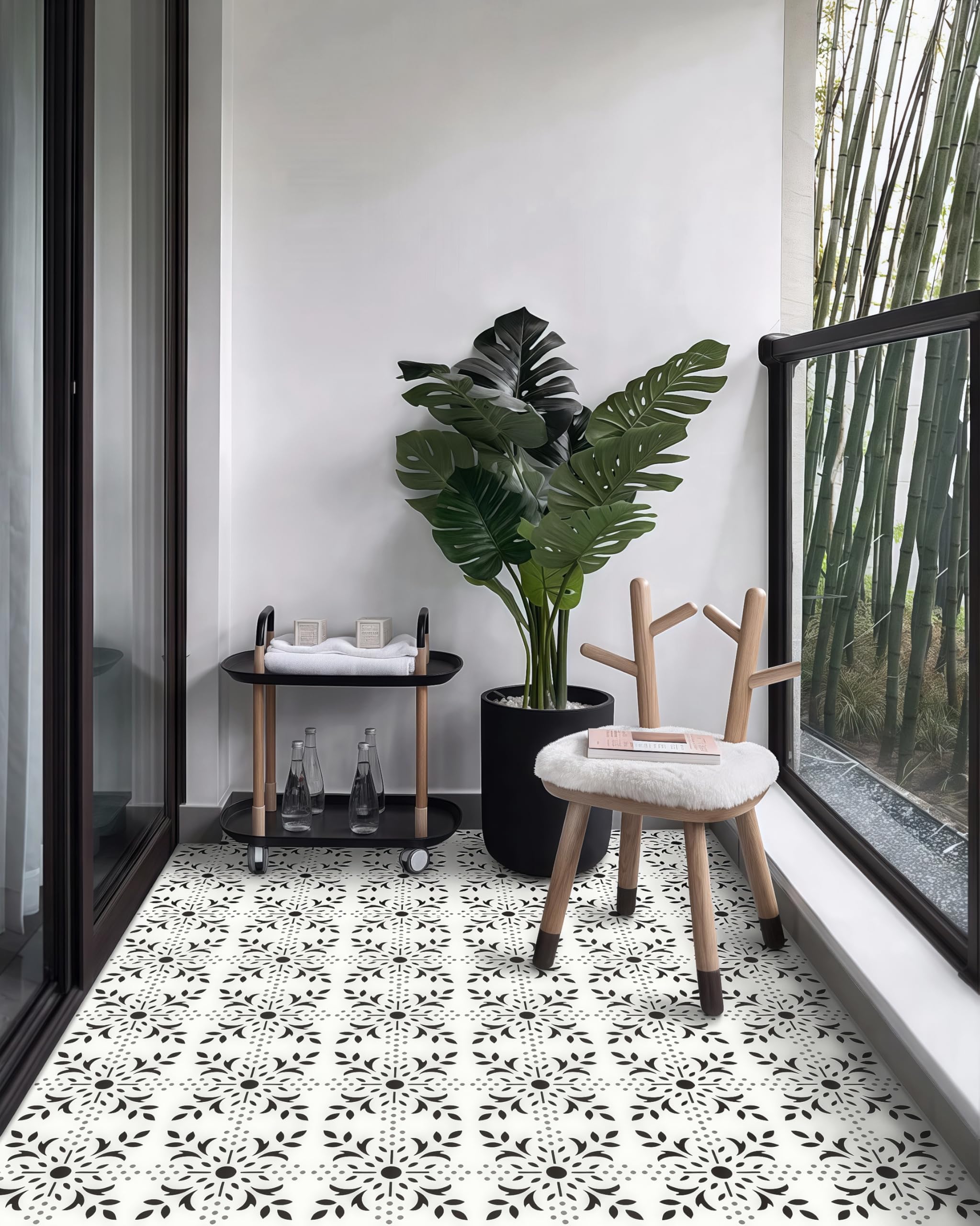 MORCART Lot de 20 dalles de sol autocollantes en vinyle imperméable pour salle de bain, cuisine, cheminée, escaliers, chambres, mur, garde-manger, noir, blanc, gris, 20 x 20 cm