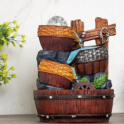 Global Grabbers Polyresin Table Top Indoor Outdoor Water Fall Fountain with LED Lights Home Decor Decoration Gift Gifting Items-NAT_MULTI-BL-FN1-(000)