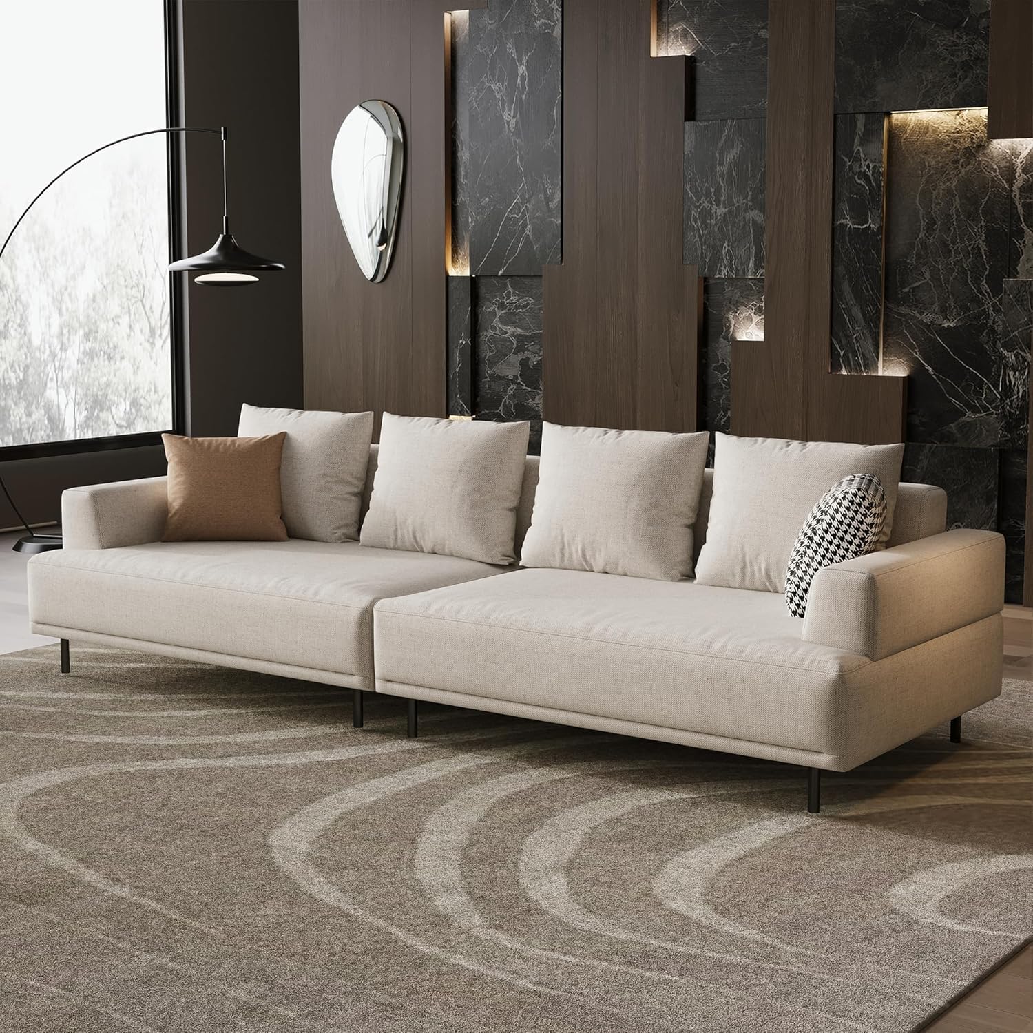 Cream Fabric Sectional Sofa – Contemporary Upholstered Couch with Metal Legs for Living Room (109.44inch-4Seats)