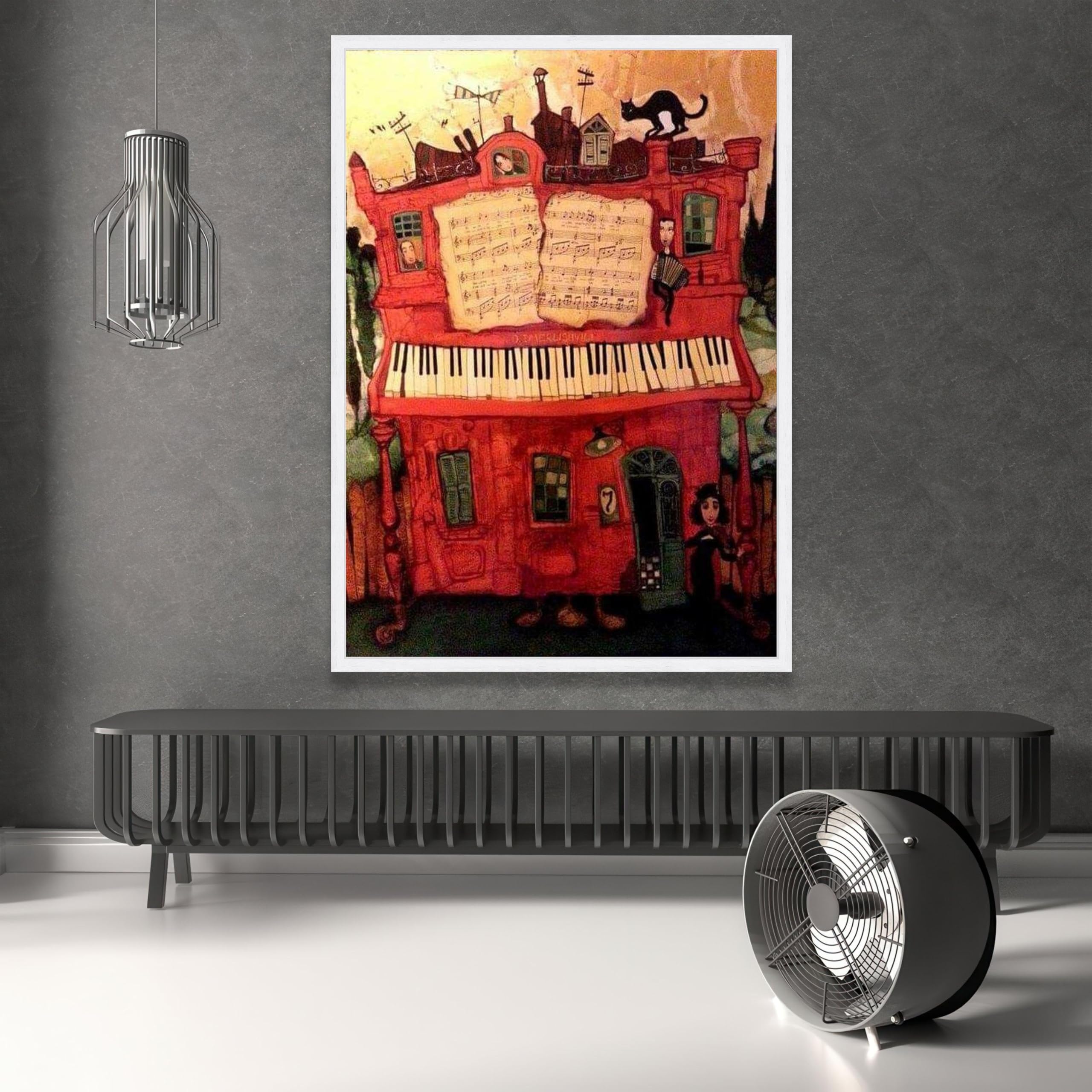 YUSUZHU Musical House Canvas, Piano Keyboard Wall Art, Surreal Music Theme Decor, Artistic Canvas for Home,Music Lover Painting(70x100cm/Frameless)