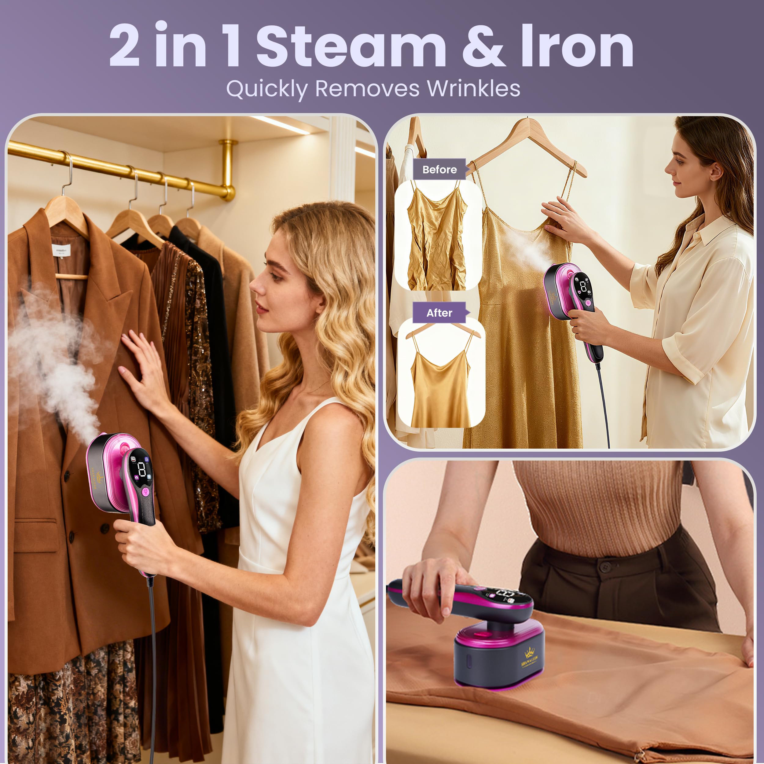 Vaporizador portátil 2 en 1 para ropa, 10 segundos, diseño de vapor de agua con calefacción de cerámica, 4 modos de vapor con pantalla LCD y tanque compacto de 110 ml