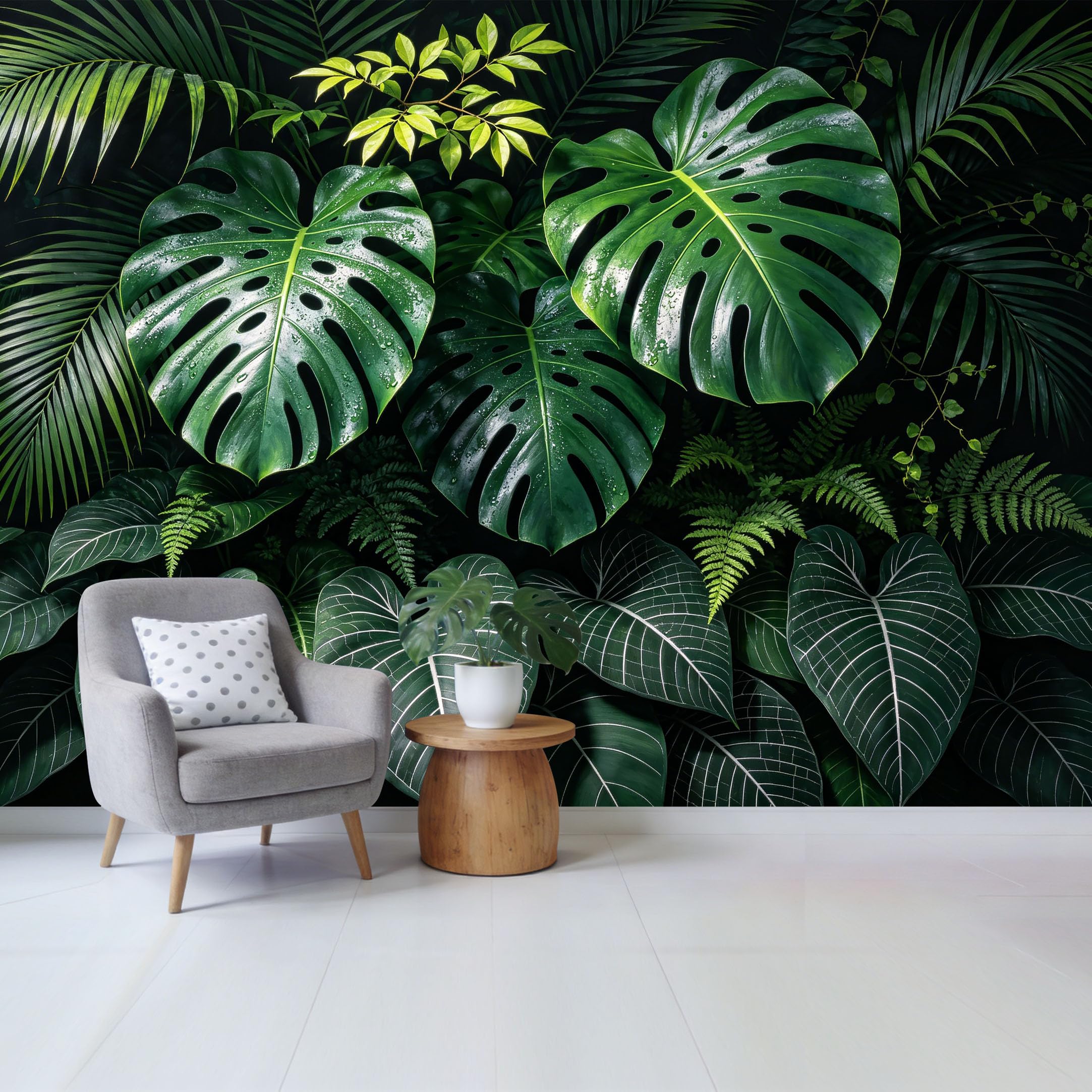 Custom Size Wall Mural， Tropical Jungle Botanical Monstera Palm Fern Leaves Removable Self Adhesive Fabric，Home Wall Decor for Living Room Bedroom Bathroom