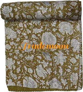 Kantha Gudri - Colcha india tejida a mano con estampado floral Kantha, color verde claro (color Mehandi) con patrón cosido blanco, tamaño doble de 90 x 108 pulgadas