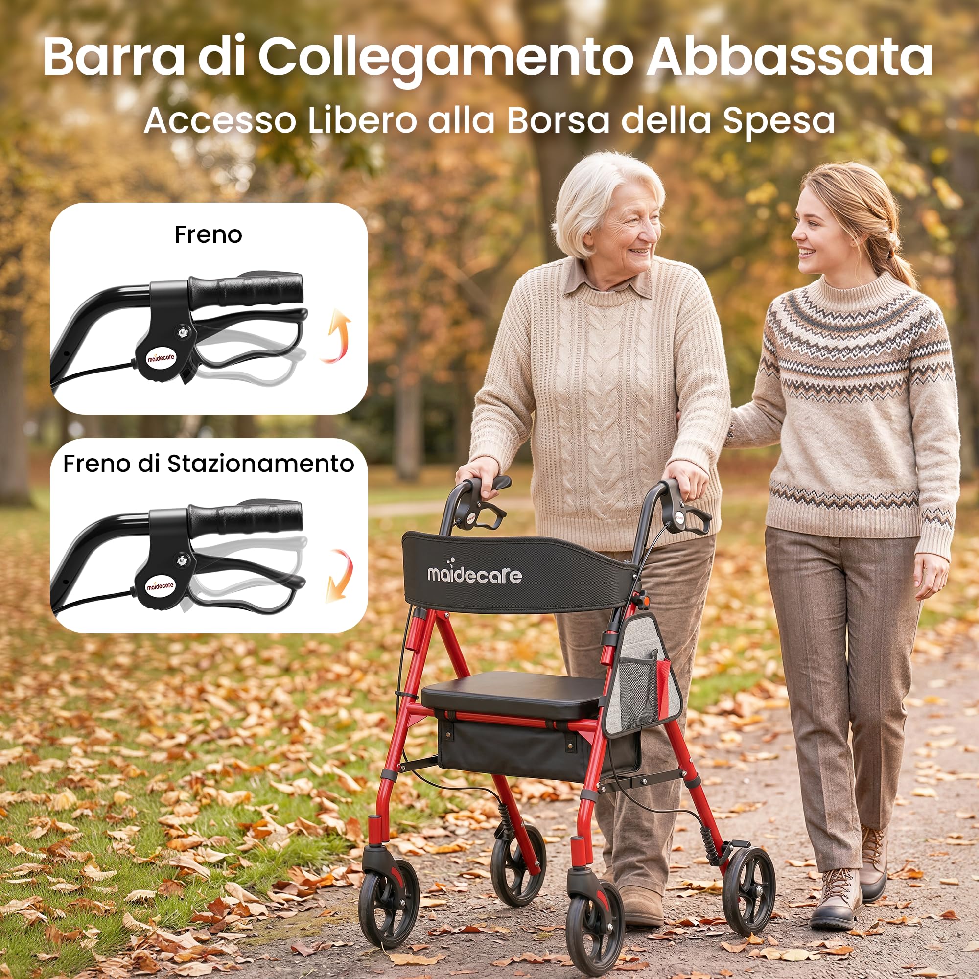 Deambulatore pieghevole e leggero con sedile, deambulatore sottile per casa, deambulatore per anziani, con sedile e maniglia regolabili in altezza, con freno, cestino rimovibile, rosso
