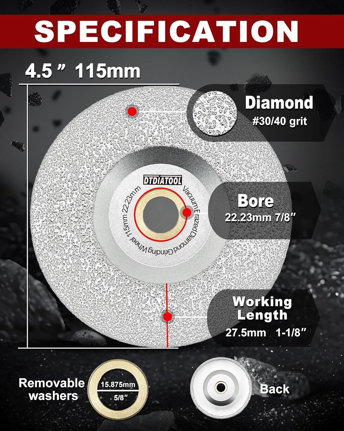 DT-DIATOOL Diamond Grinding Cup Wheel Vacuum Brazed Granite Marble Diameter 4.5 Inch