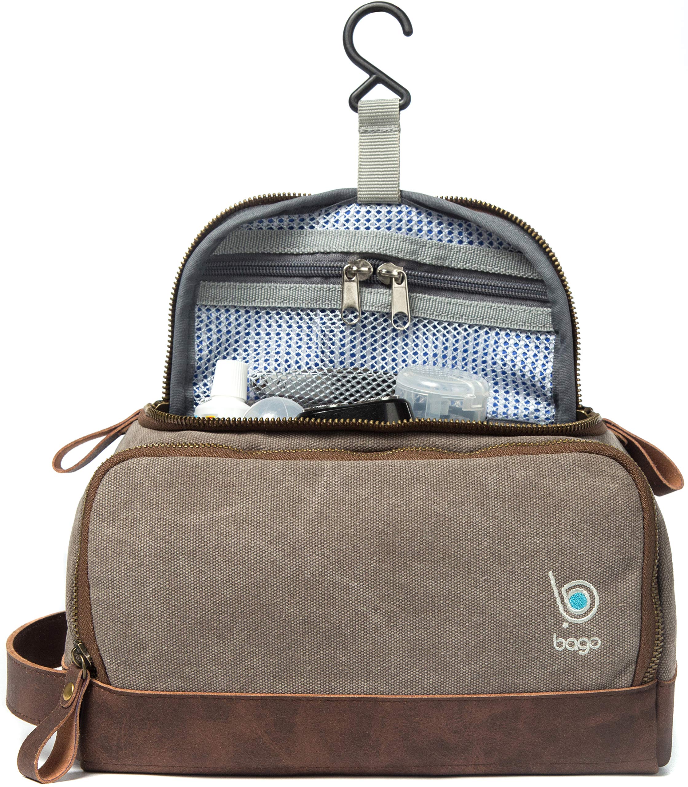 bagoLeather Canvas Dopp Kit For Men - Shaving Kit Bags for Men - Shower and Toiletry Travel Bag - Hanging Hook | Inner Organization | Fits Large Toiletries kits | Mens Dopp Kit for Bathroom