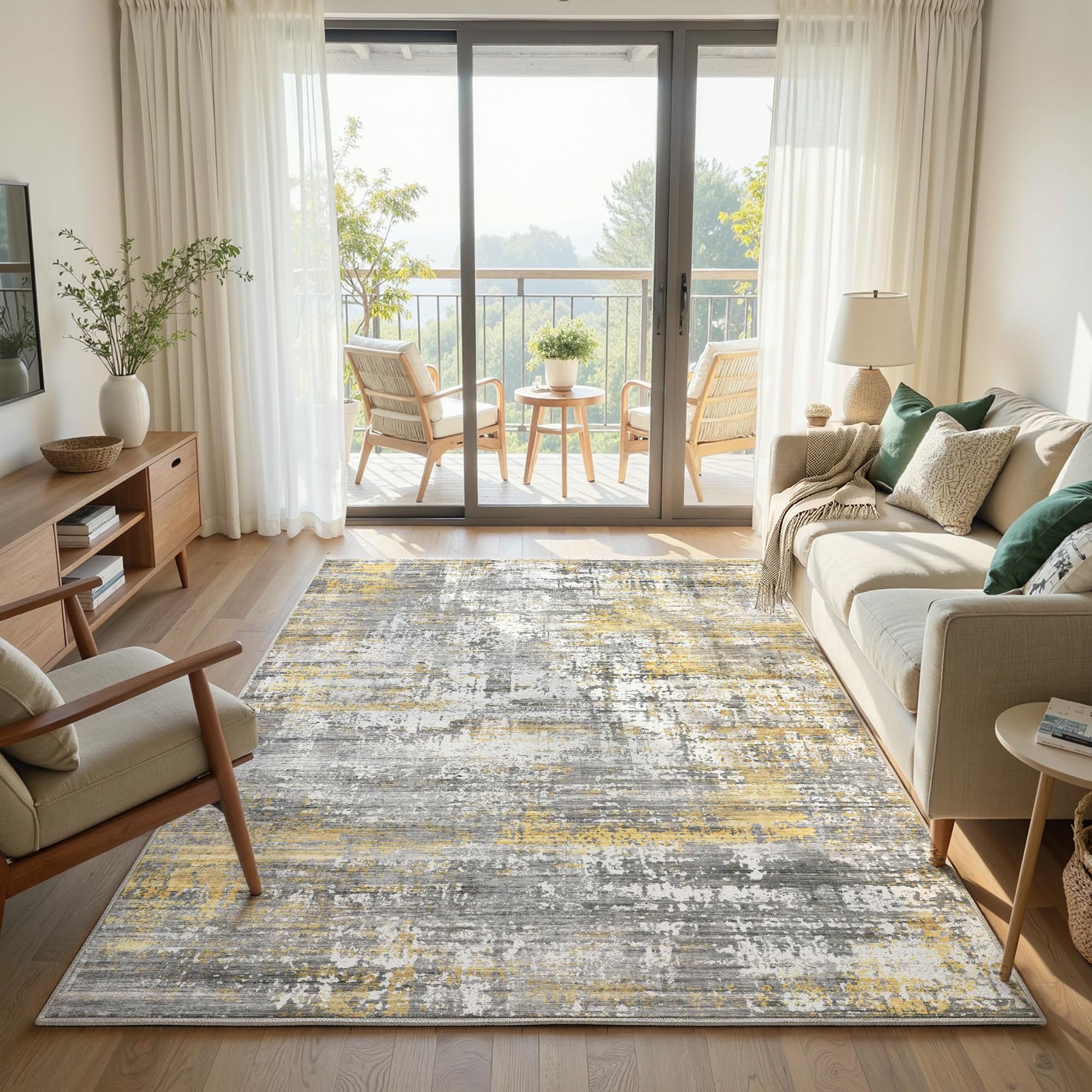 Astratto Tappeto Soggiorno 140x200 cm,0.85cm Pelo corto Tappeto,1200 g/m³ poliestere,lavabile in lavatrice,TPE antiscivolo base,per camera da letto,sala da pranzo,Camera degli ospiti,Grigio&oro