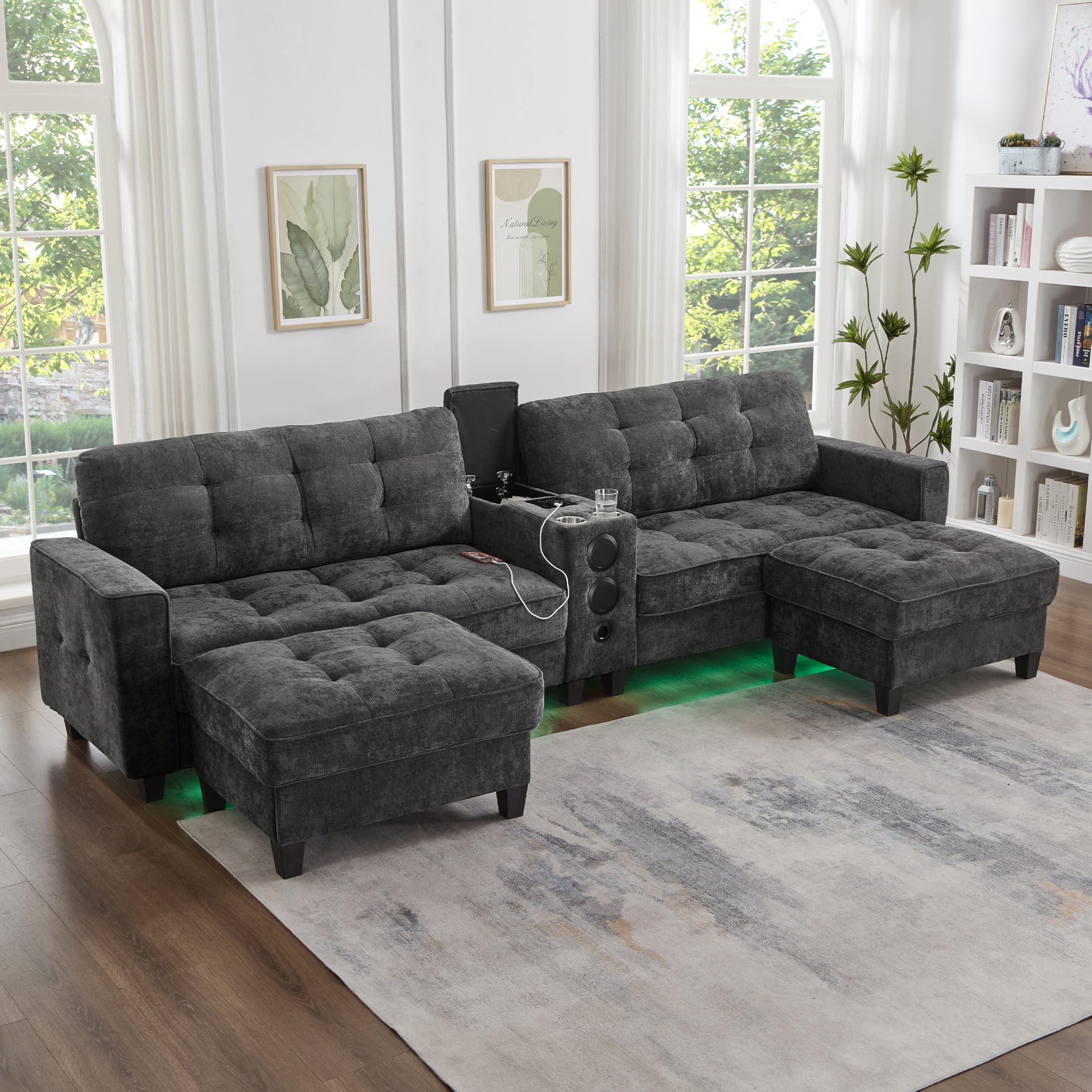 Merax Modern U-Shaped Sectional Sofa with Cupholders, Charging Station and Multifunctional Console, Chenille Upholstered Modular Couch & Movable