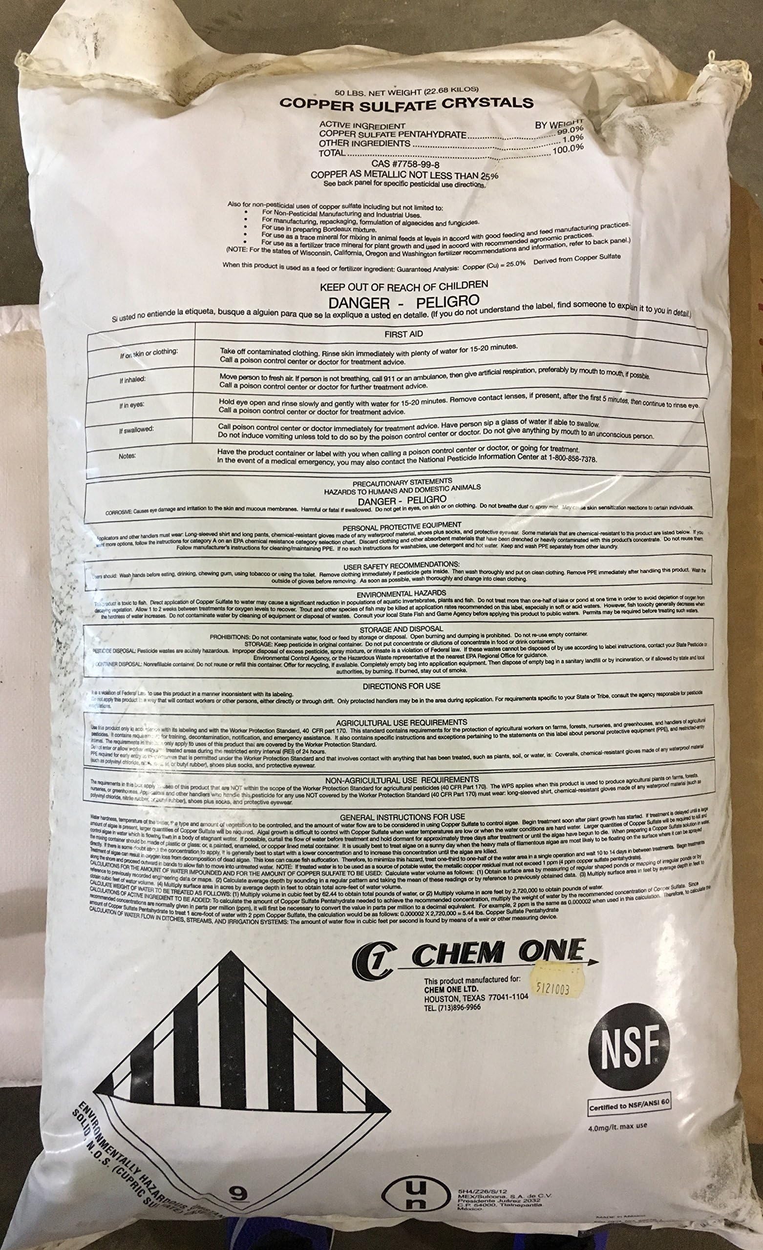 Copper Sulfate"CuSO4 5H2O" Crystals 99.8% Minimum Purity! 50LB Bag!