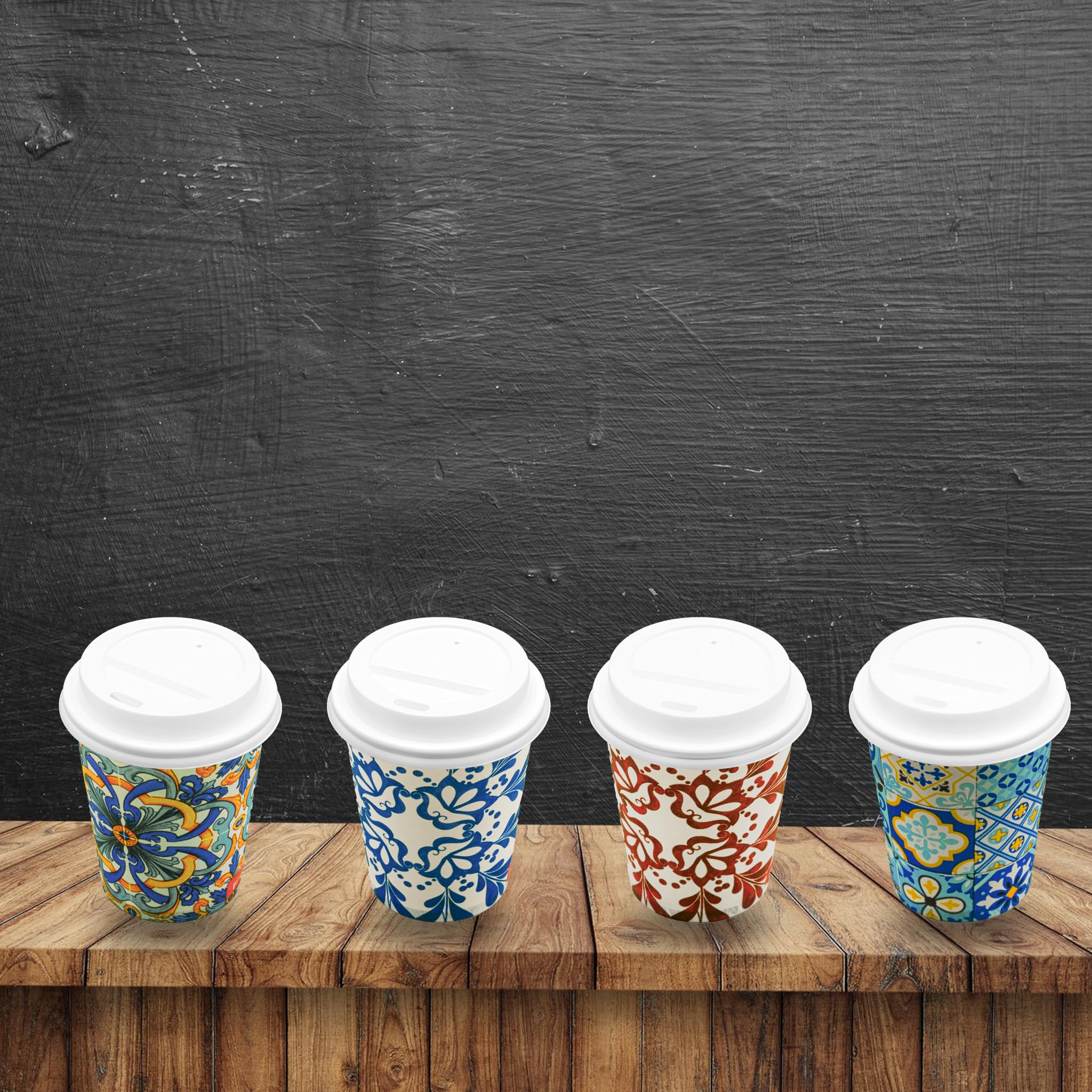 500 Bicchieri Mezzo Cappuccino/Caffè Carta Colorati con Tappo con Foro 210 ml – Biodegradabili e Compostabili – Usa e Getta con Grafiche Miste – Per Casa, Ufficio, Asporto, Bevande Calde SENZA TAPPO