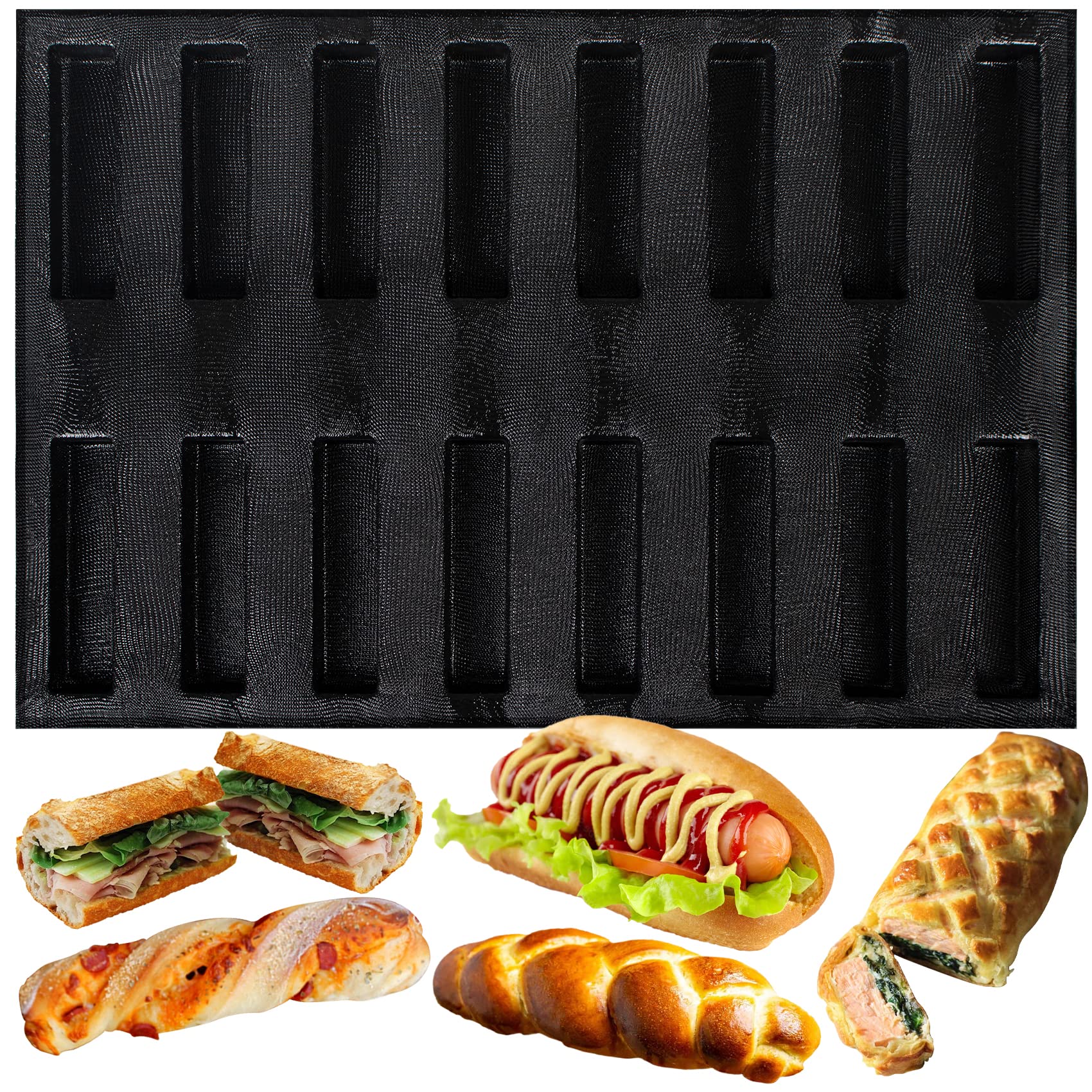 Bandeja Baguette 16 Pan Hot Dog Molde de silicona Mini bollo francés y pan para hornear antiadherente, molde reutilizable para sándwich Eclair, tamaño gigante 60 x 40 x 3,5 cm